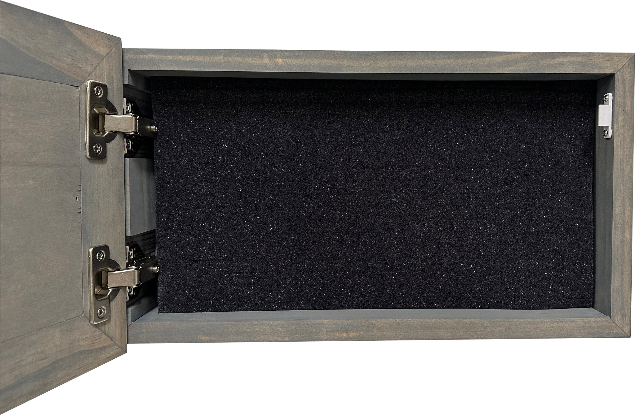 Bellewood Designs hidden gun cabinet interior with foam lining and metal hinges in gray wood finish