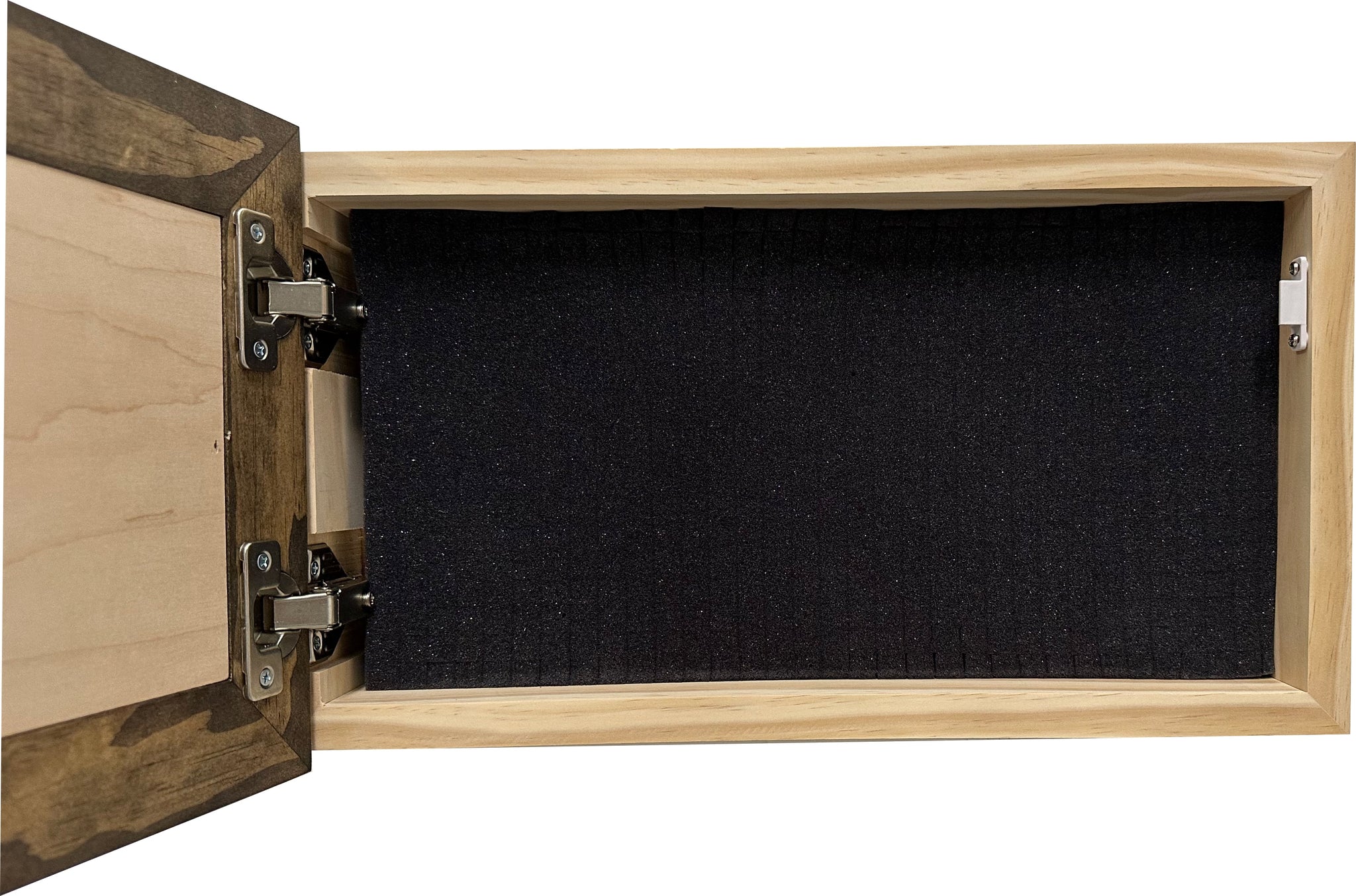 Bellewood Designs hidden gun cabinet interior with foam lining and metal hinges in Jacobean and natural wood finish