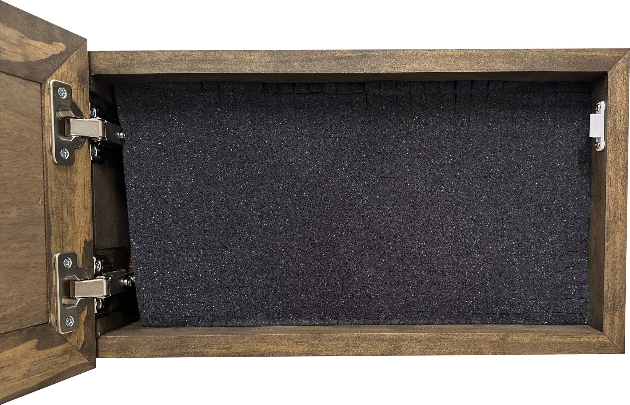 Bellewood Designs hidden gun cabinet interior view showing foam lining and metal hinges in Jacobean wood finish