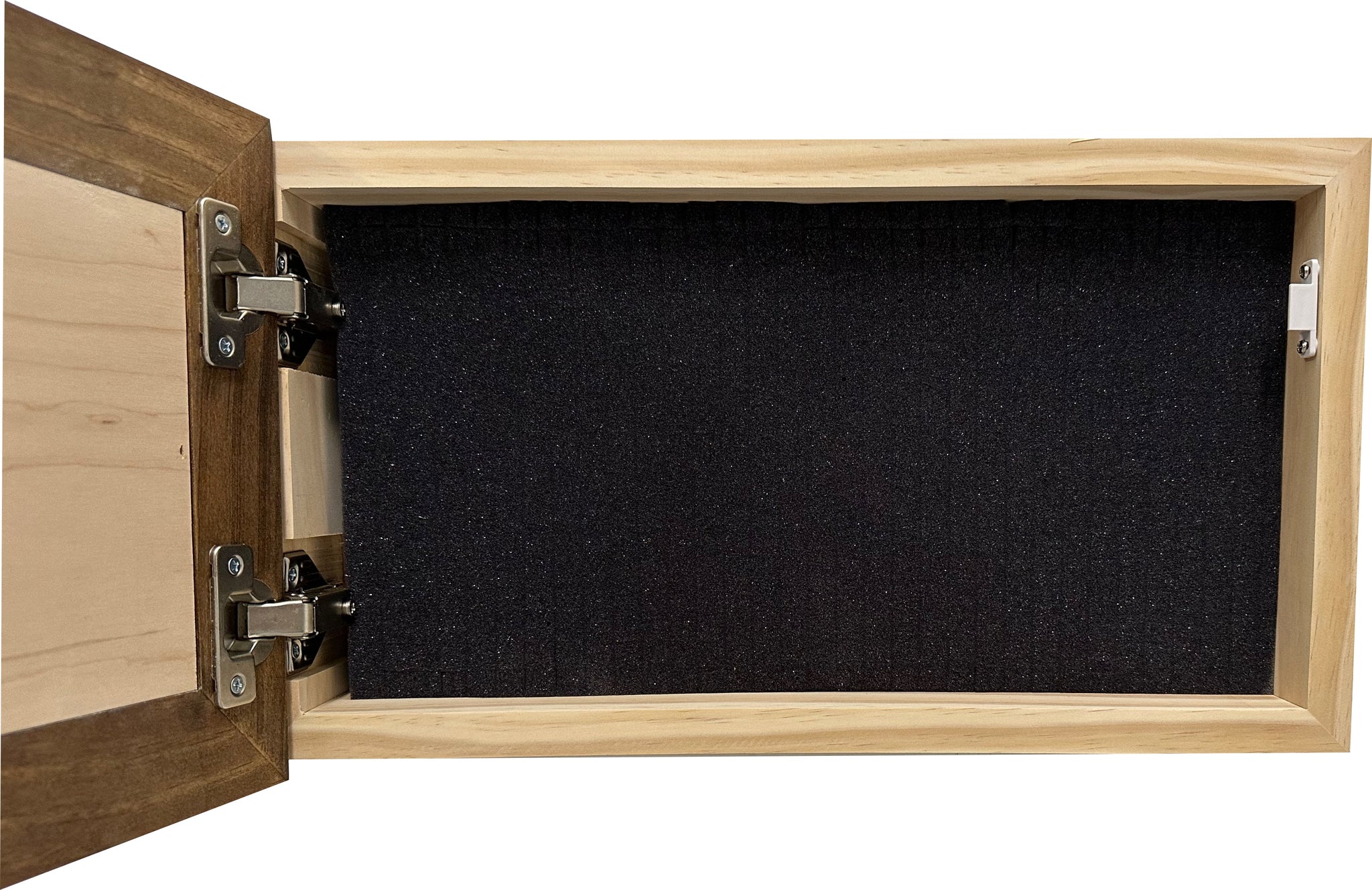 Bellewood Designs hidden gun cabinet interior with foam lining and metal hinges in provincial and natural wood finish