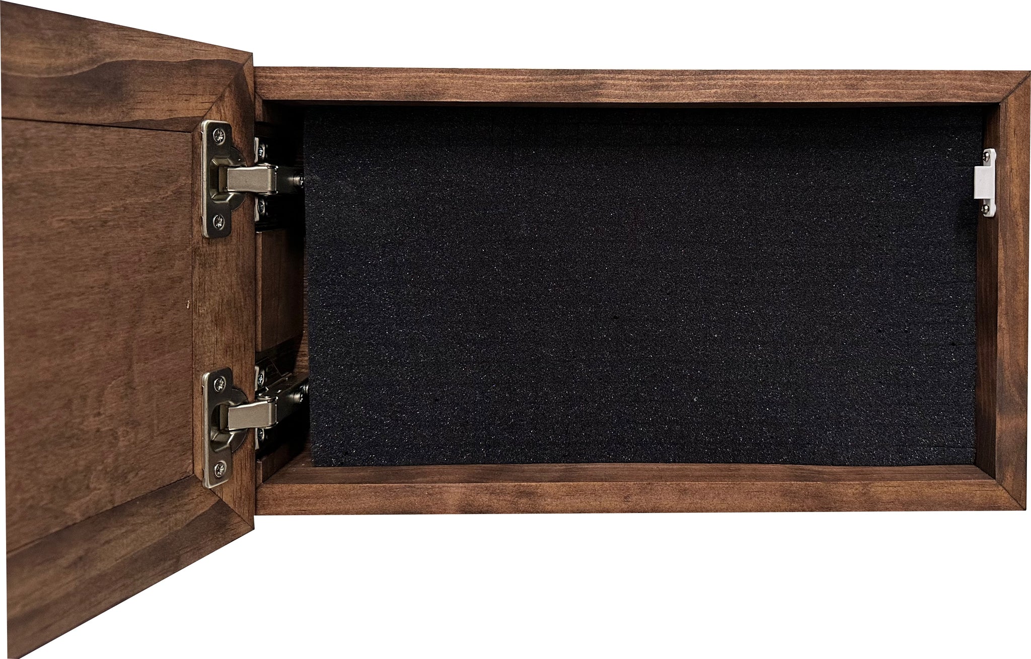 Bellewood Designs hidden gun cabinet interior view showing foam lining and metal hinges in red mahogany wood finish