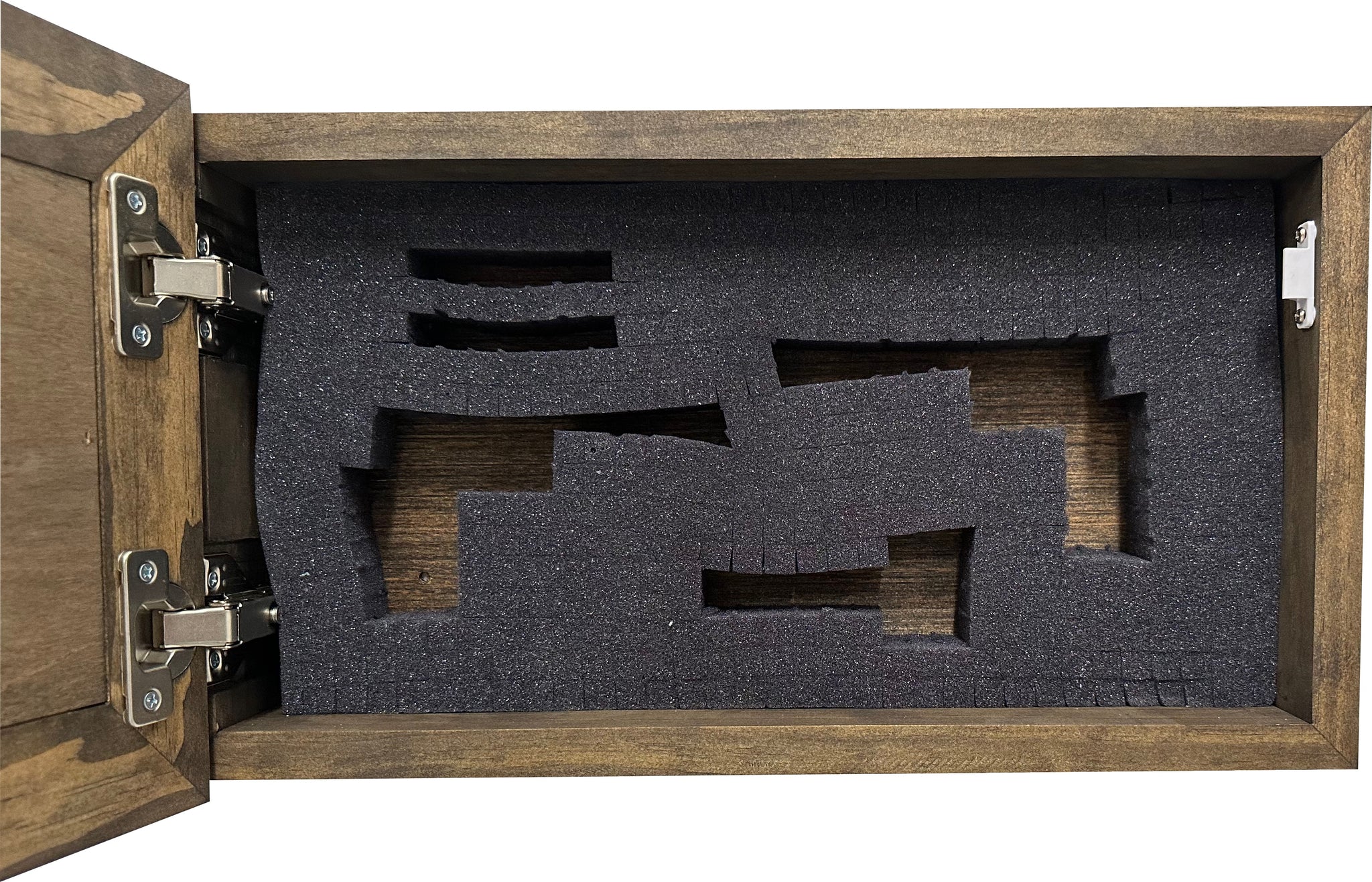 Bellewood Designs hidden gun cabinet interior with custom pluck foam cutouts for two handguns in Jacobean wood finish