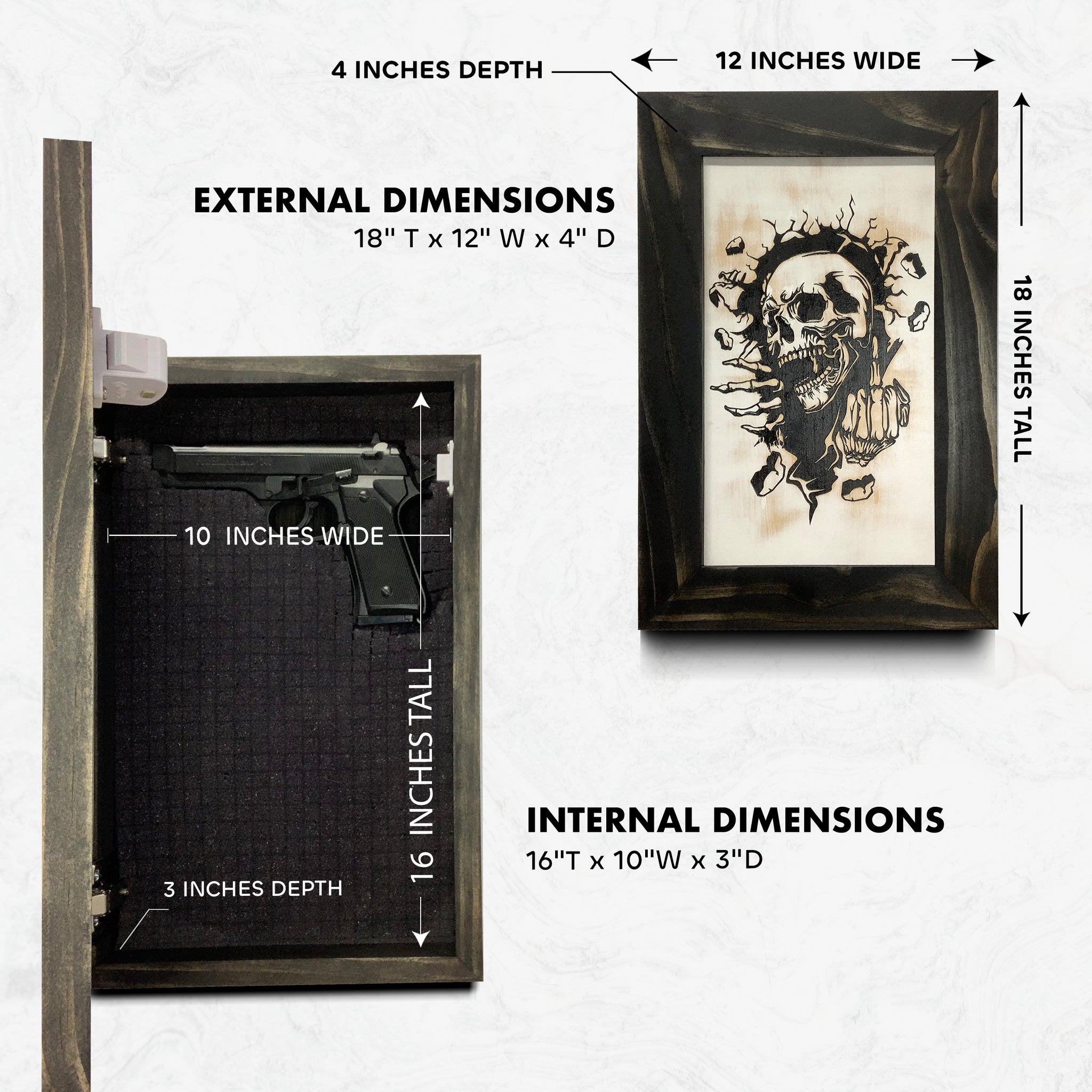 Hidden gun cabinet skull wall art dimensions 18x12x4 inches exterior 16x10x3 inches interior | Bellewood Designs