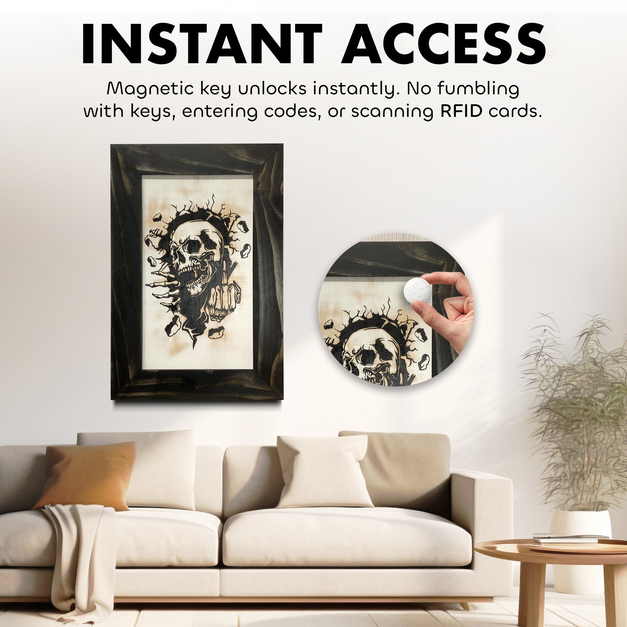 Hidden gun cabinet skull wall art with magnetic key instant access shown in living room | Bellewood Designs