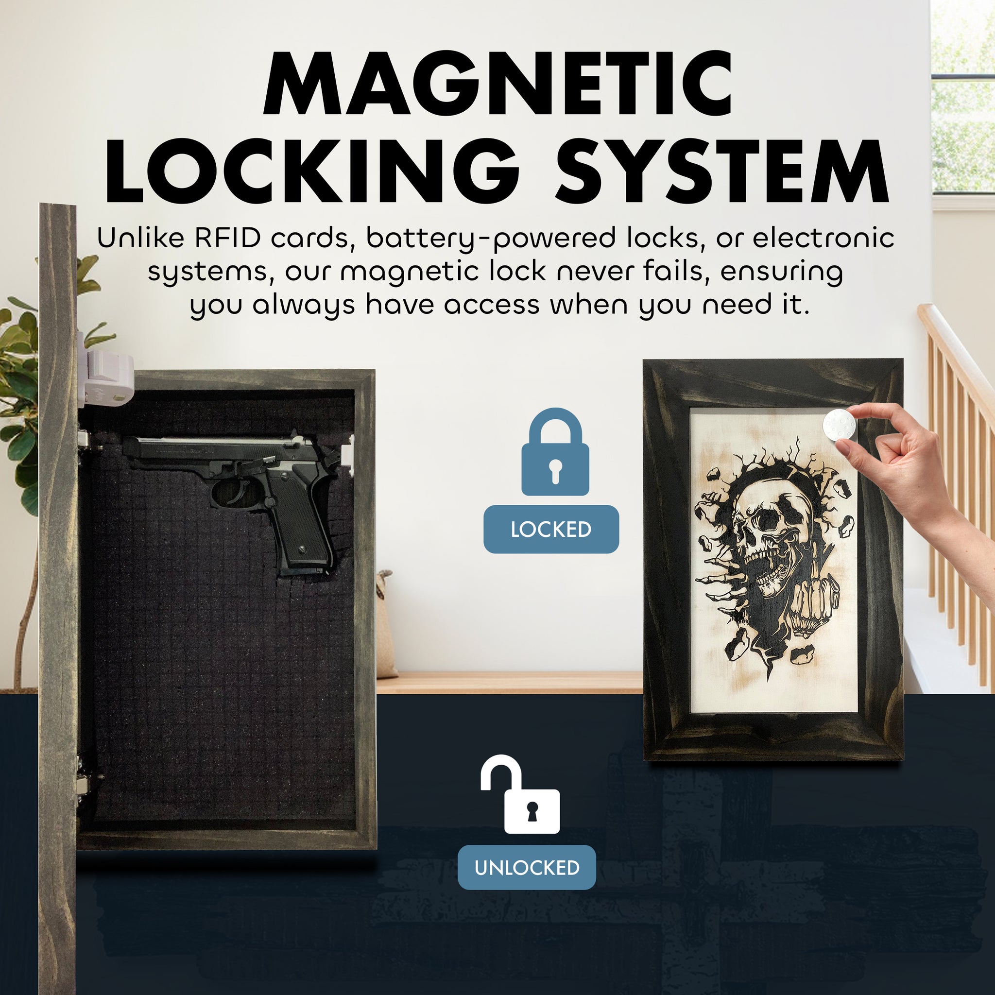 Hidden gun cabinet skull wall art showing magnetic locking system locked and unlocked positions | Bellewood Designs