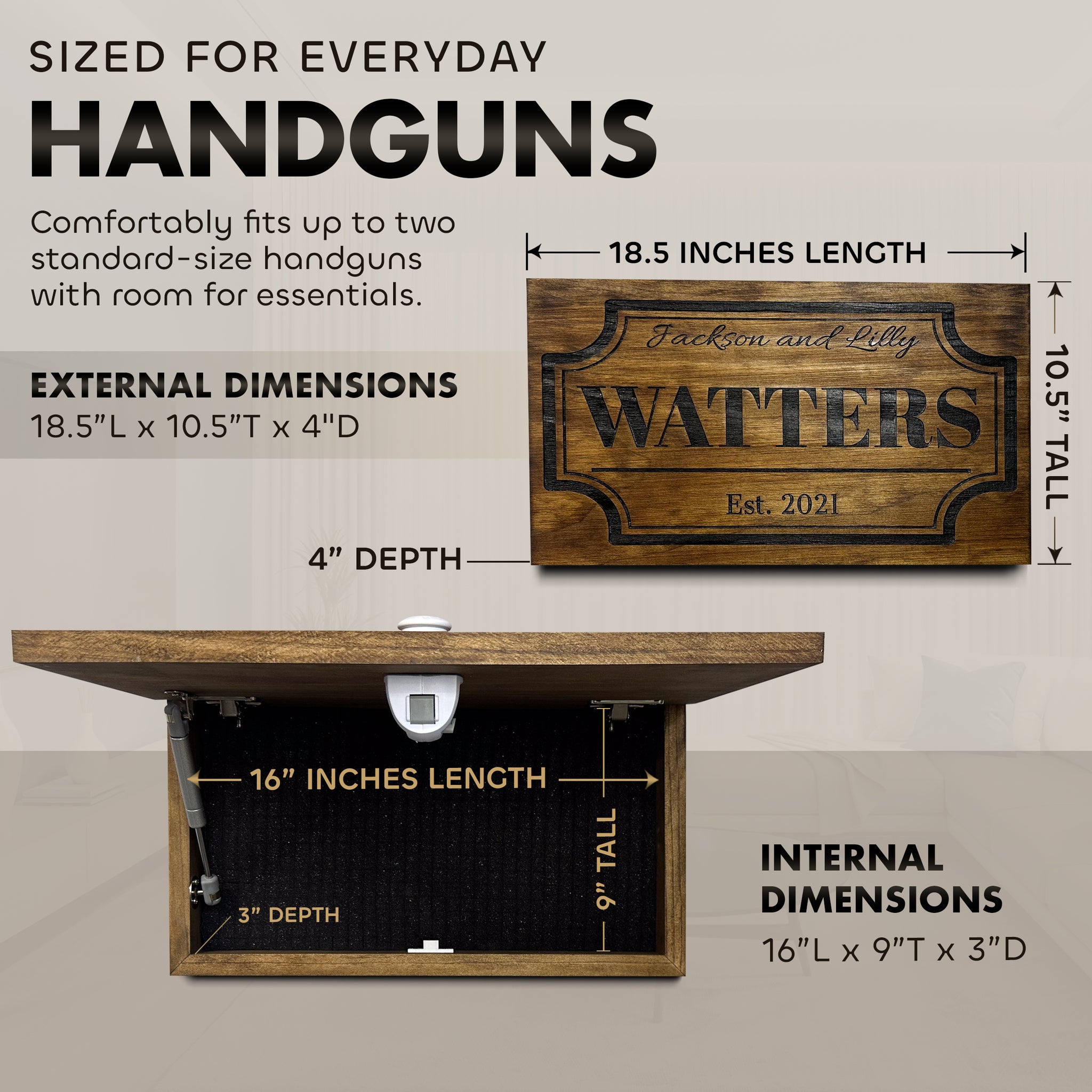 Bellewood Designs hidden gun storage shelf dimensions 18.5x10.5x4 inches exterior, fits 2 standard handguns with foam 