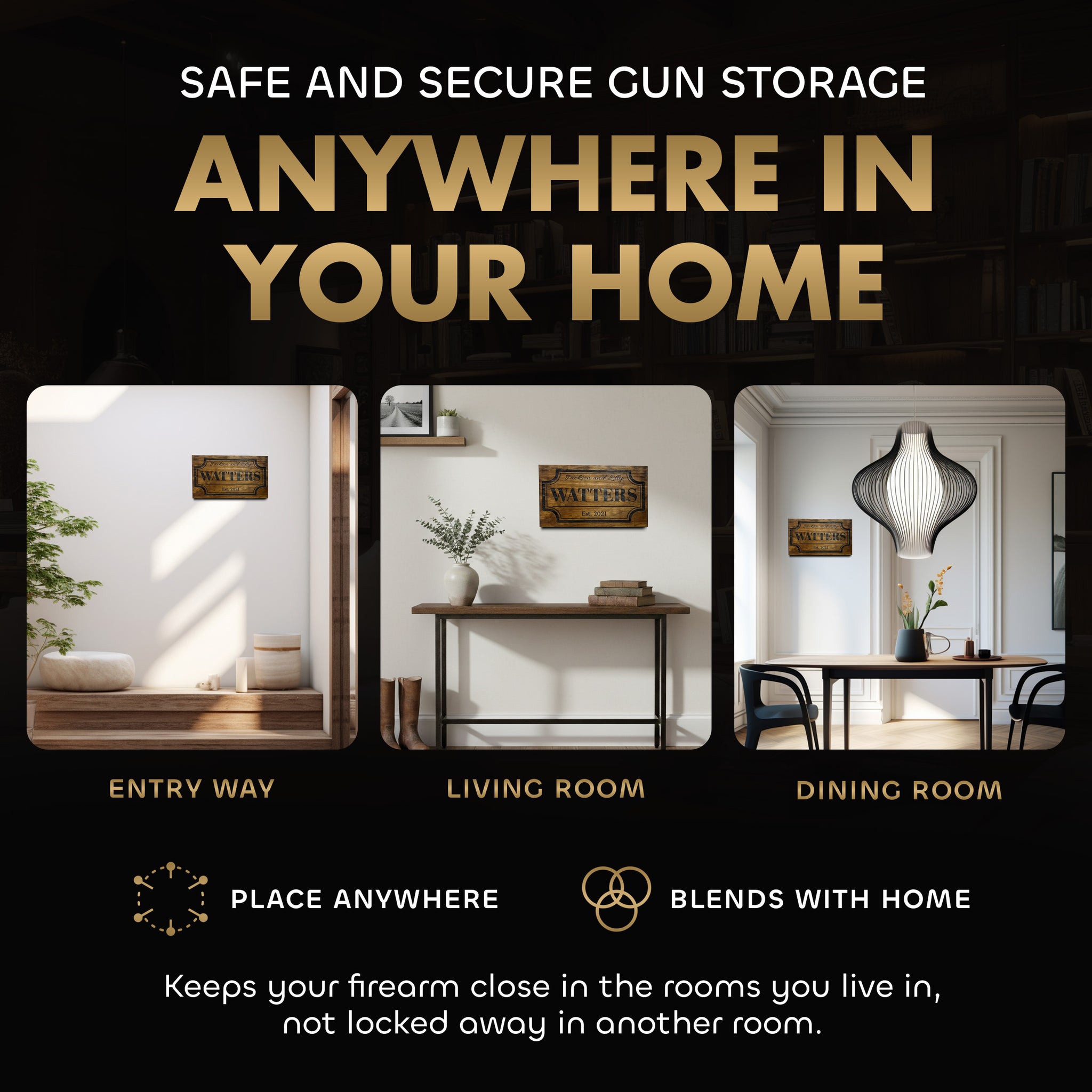Bellewood Designs hidden gun storage shelf mounted in entryway, living room, and dining room as discrete home wall decor