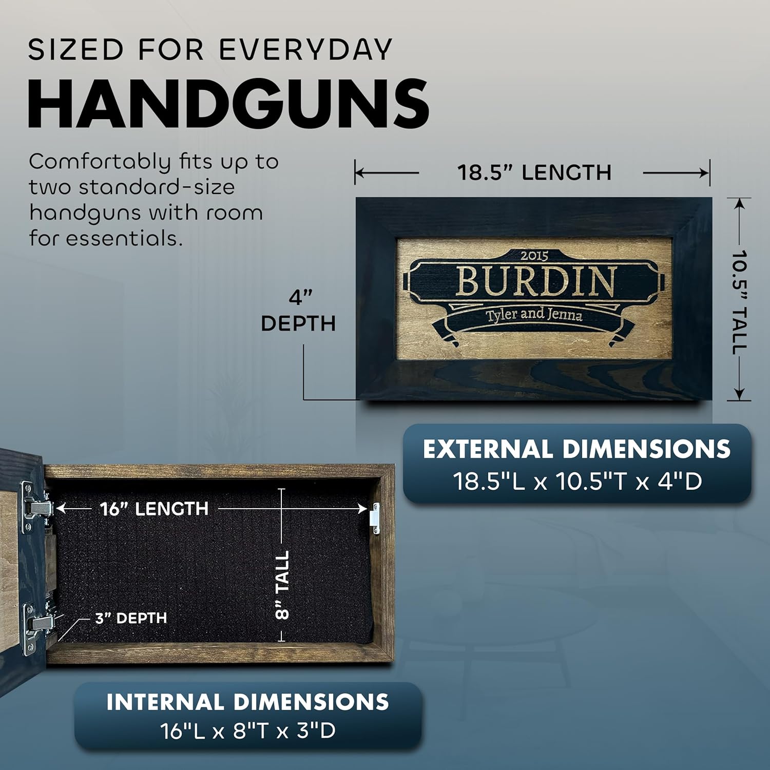 Bellewood Designs hidden gun storage wall decor dimensions 18.5x10.5x4 inches exterior, fits two standard handguns