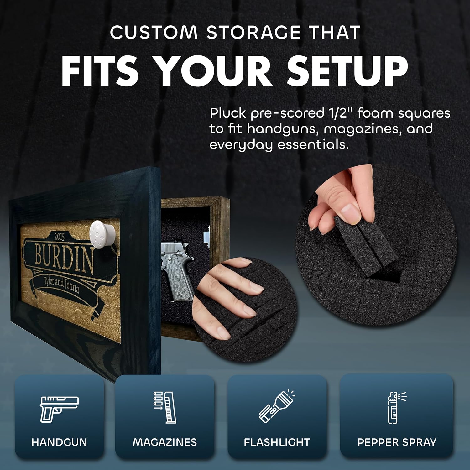 Bellewood Designs hidden gun storage wall decor with pluck foam interior for handguns, magazines, flashlight & pepper spray