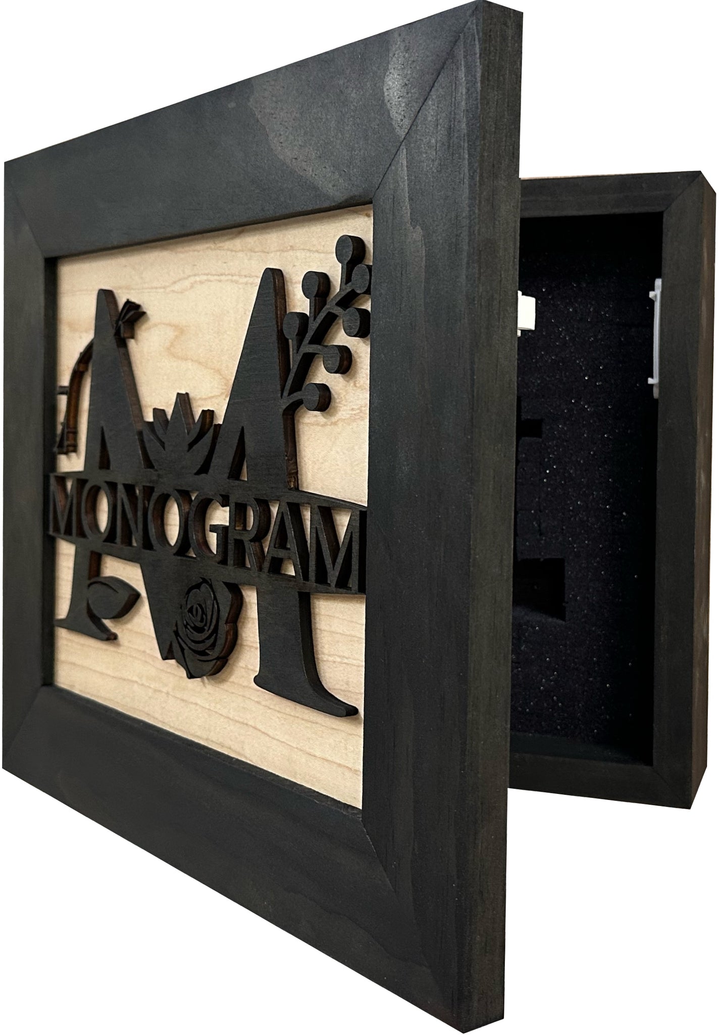Bellewood Designs monogram hidden gun storage wall decor open side view showing foam-lined interior in black & natural wood