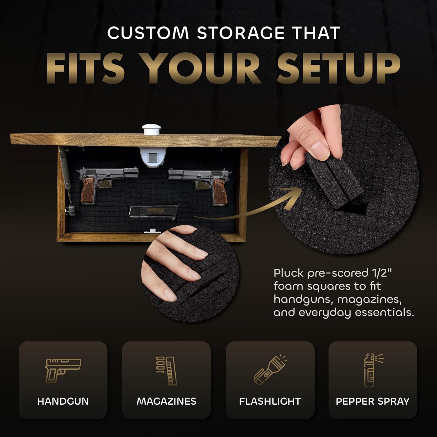 Bellewood Designs hidden gun cabinet with pluck foam interior for handguns, magazines, flashlight, and pepper spray