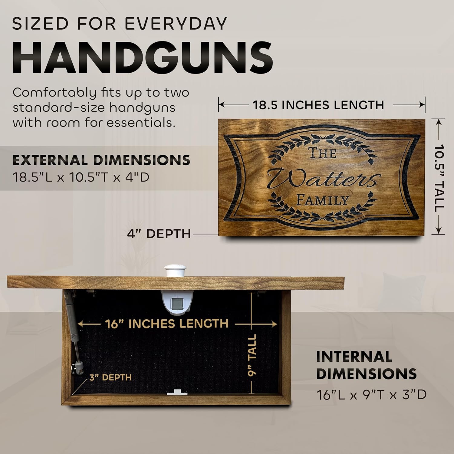 Bellewood Designs hidden gun cabinet dimensions 18.5x10.5x4 inches exterior, fits two standard handguns with foam interior
