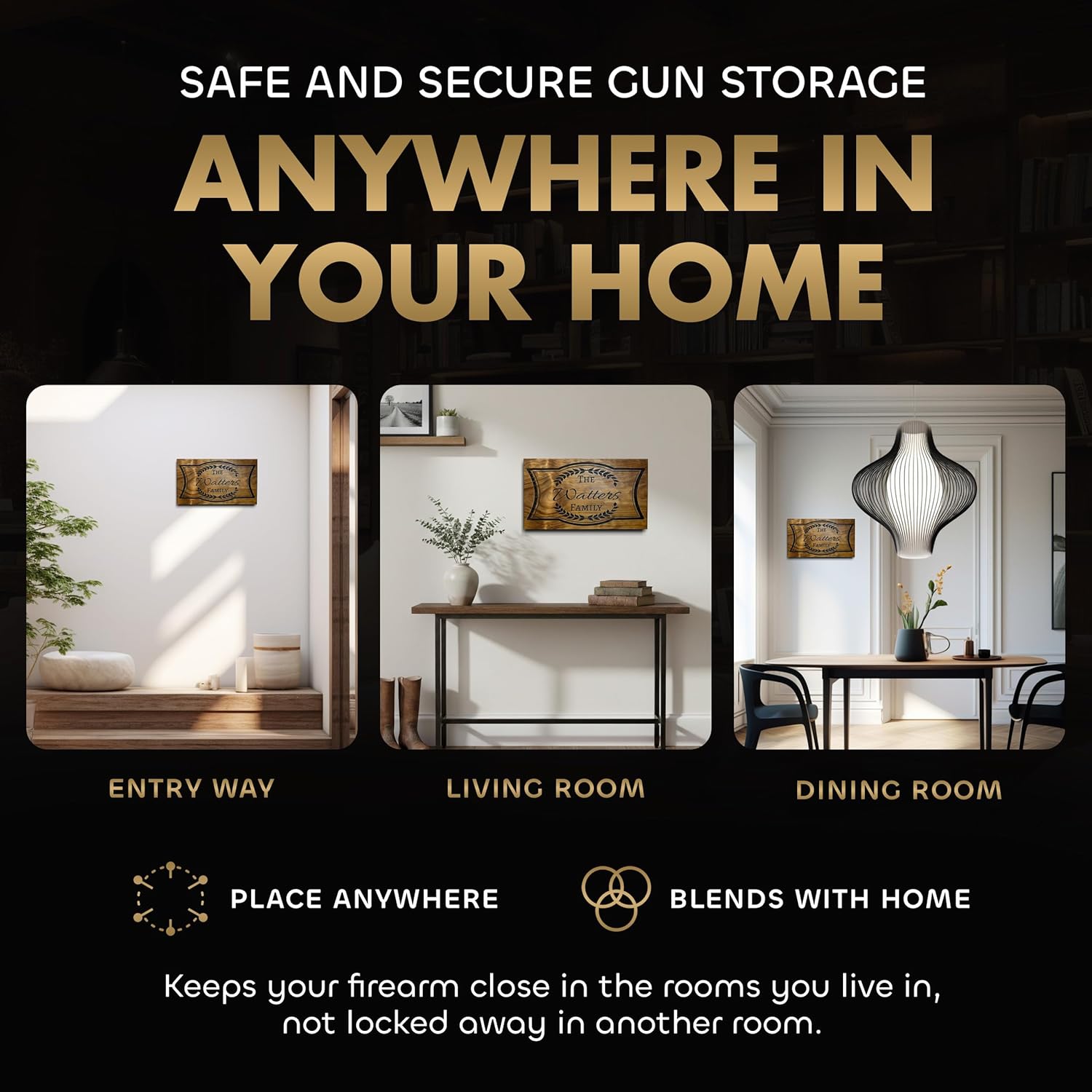 Bellewood Designs personalized hidden gun cabinet mounted in entryway, living room and dining room as discreet home decor