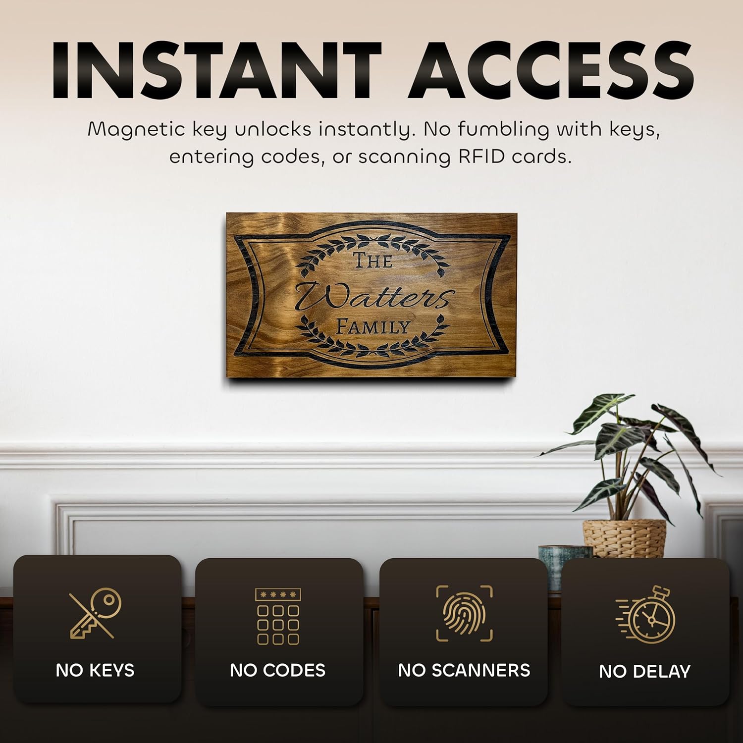 Bellewood Designs personalized hidden gun cabinet with family name, magnetic instant access, no keys, codes, or scanners