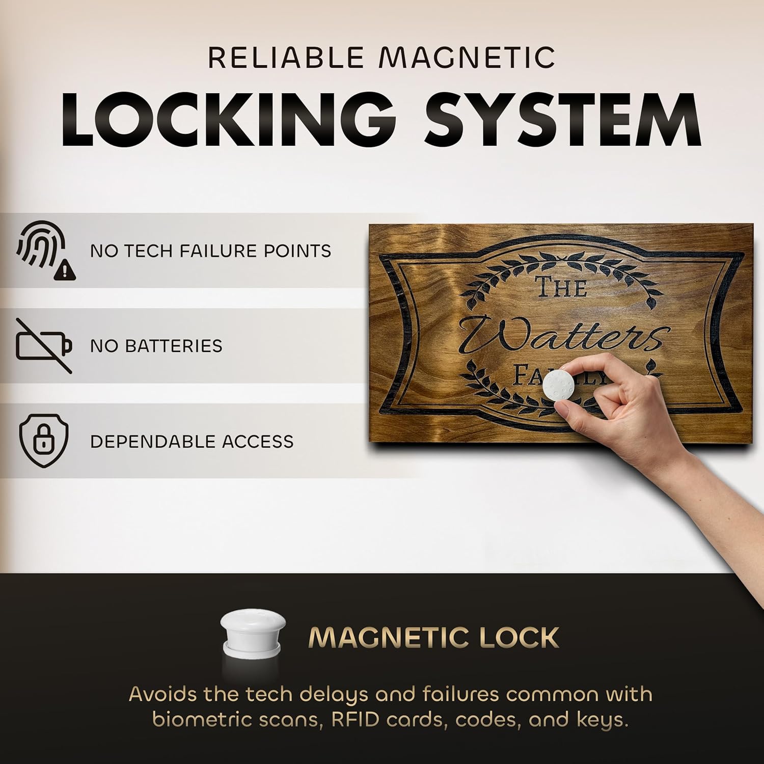 Bellewood Designs personalized hidden gun cabinet with magnetic locking system, no batteries or tech failure points