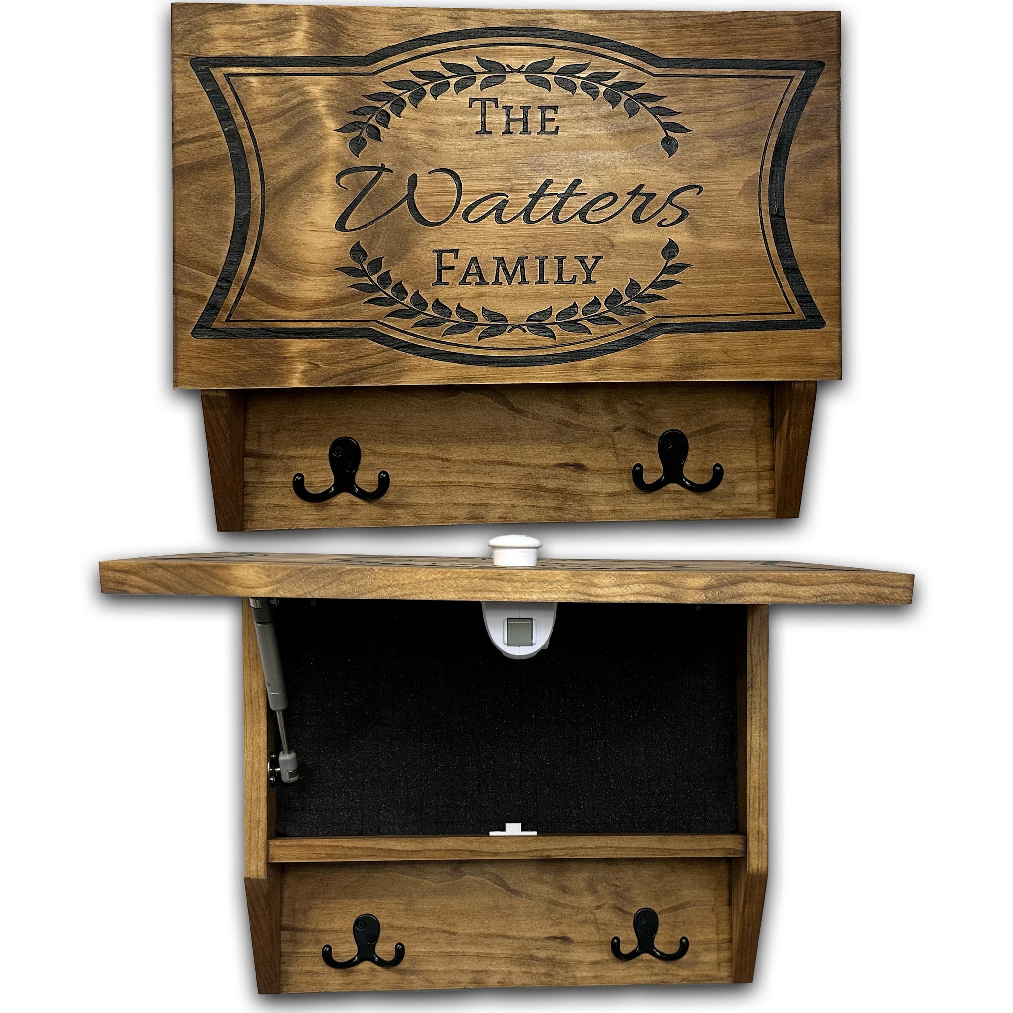 Bellewood Designs personalized hidden gun shelf with hooks in brown wood, engraved family name, open showing foam interior