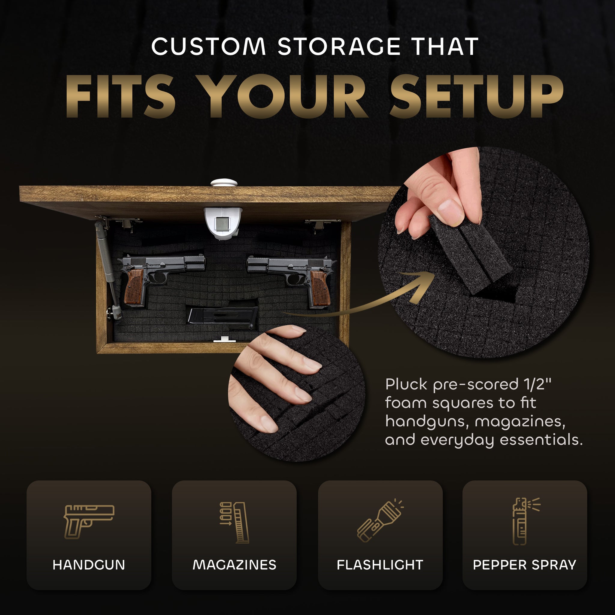 Bellewood Designs hidden gun storage shelf with pluck foam interior for handguns and magazines