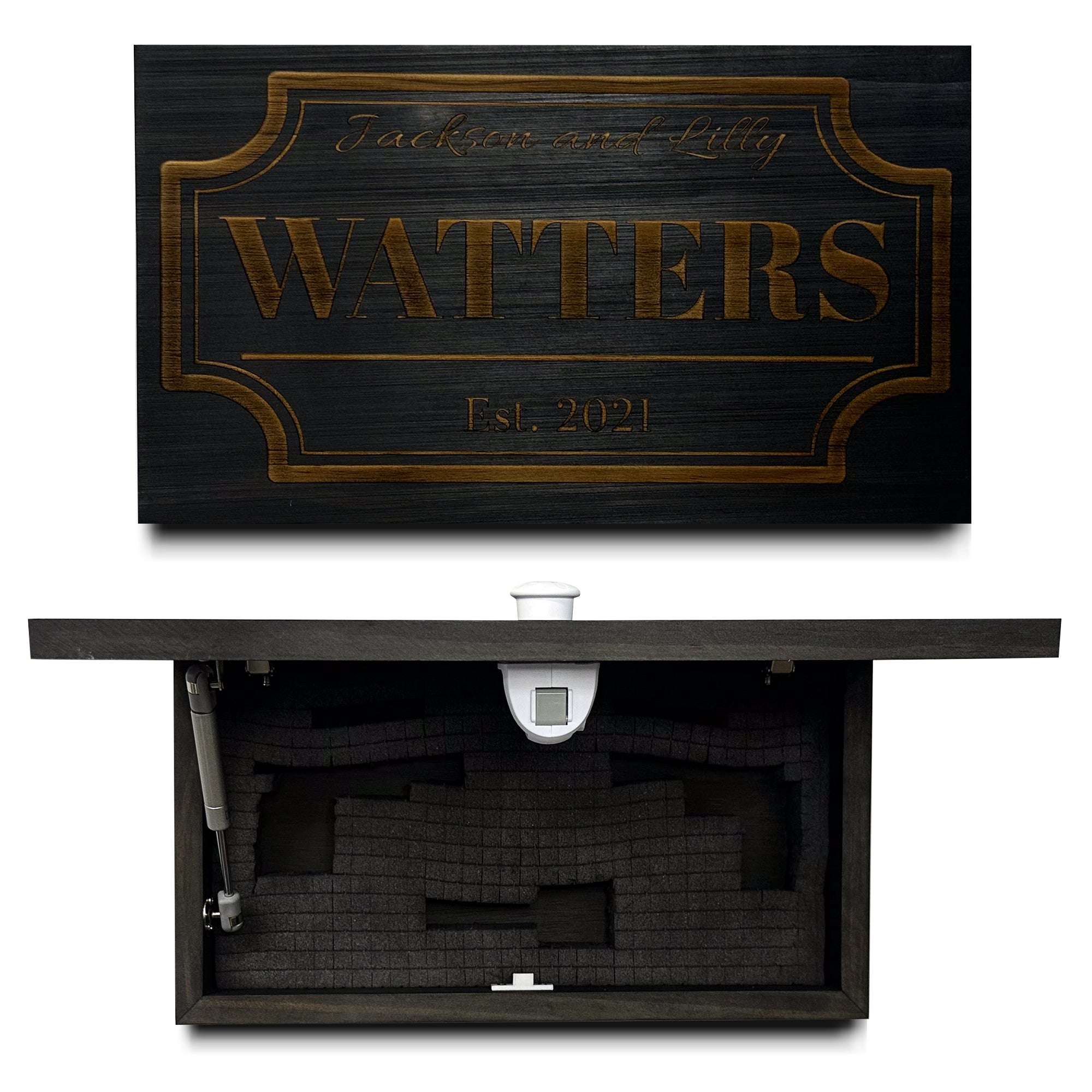 Bellewood Designs personalized hidden gun storage shelf in dark wood with engraved family name, open showing foam interior