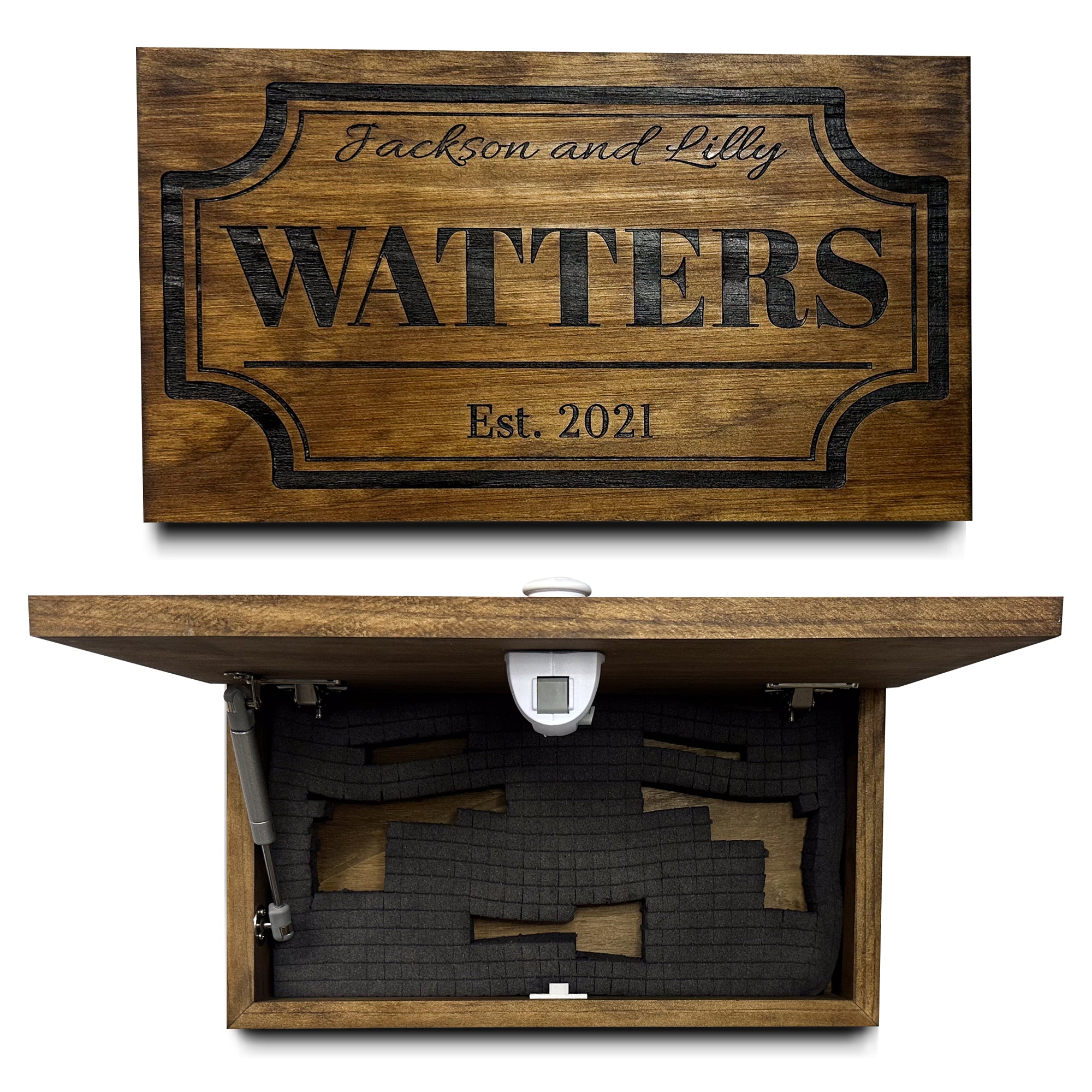 Bellewood Designs personalized hidden gun storage concealment shelf with engraved family last name and established date, shown open to reveal foam-lined interior