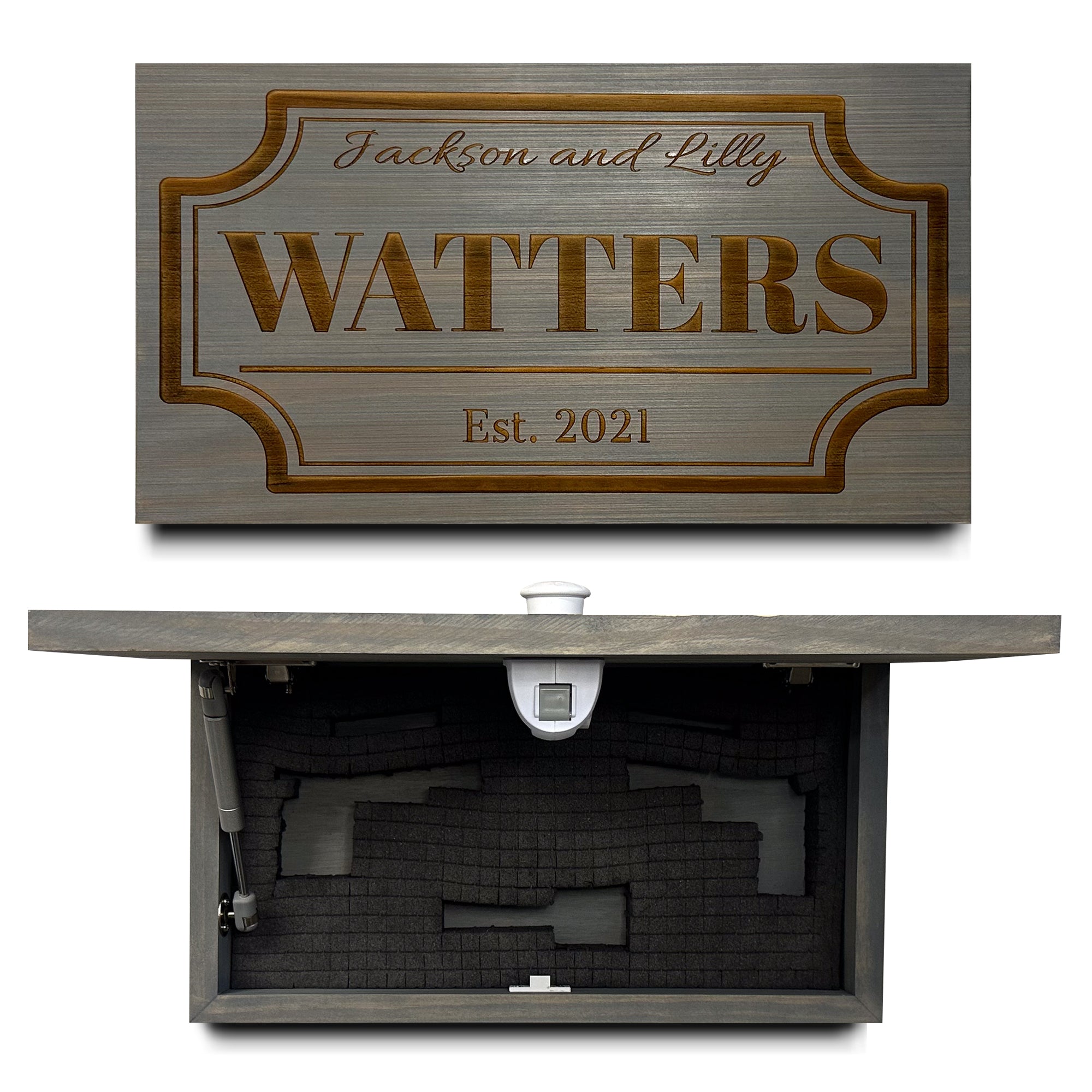 Bellewood Designs personalized hidden gun storage shelf in gray wood with engraved family name, open showing foam interior