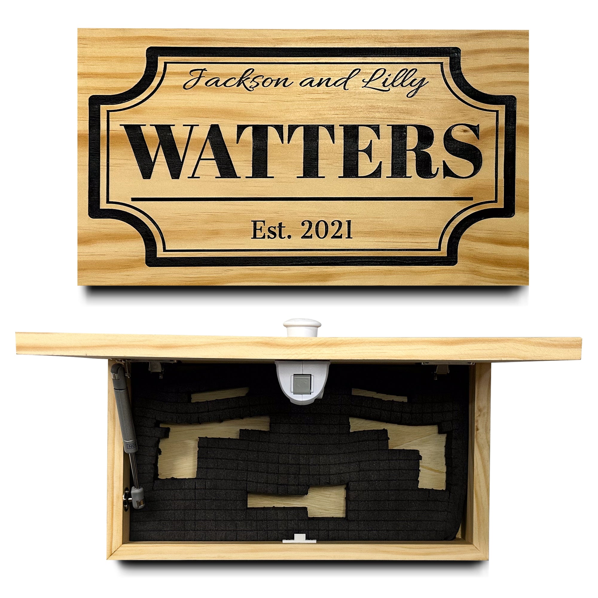Bellewood Designs personalized hidden gun storage concealment shelf in light natural wood finish with engraved family last name and established date, shown open with foam-lined interior