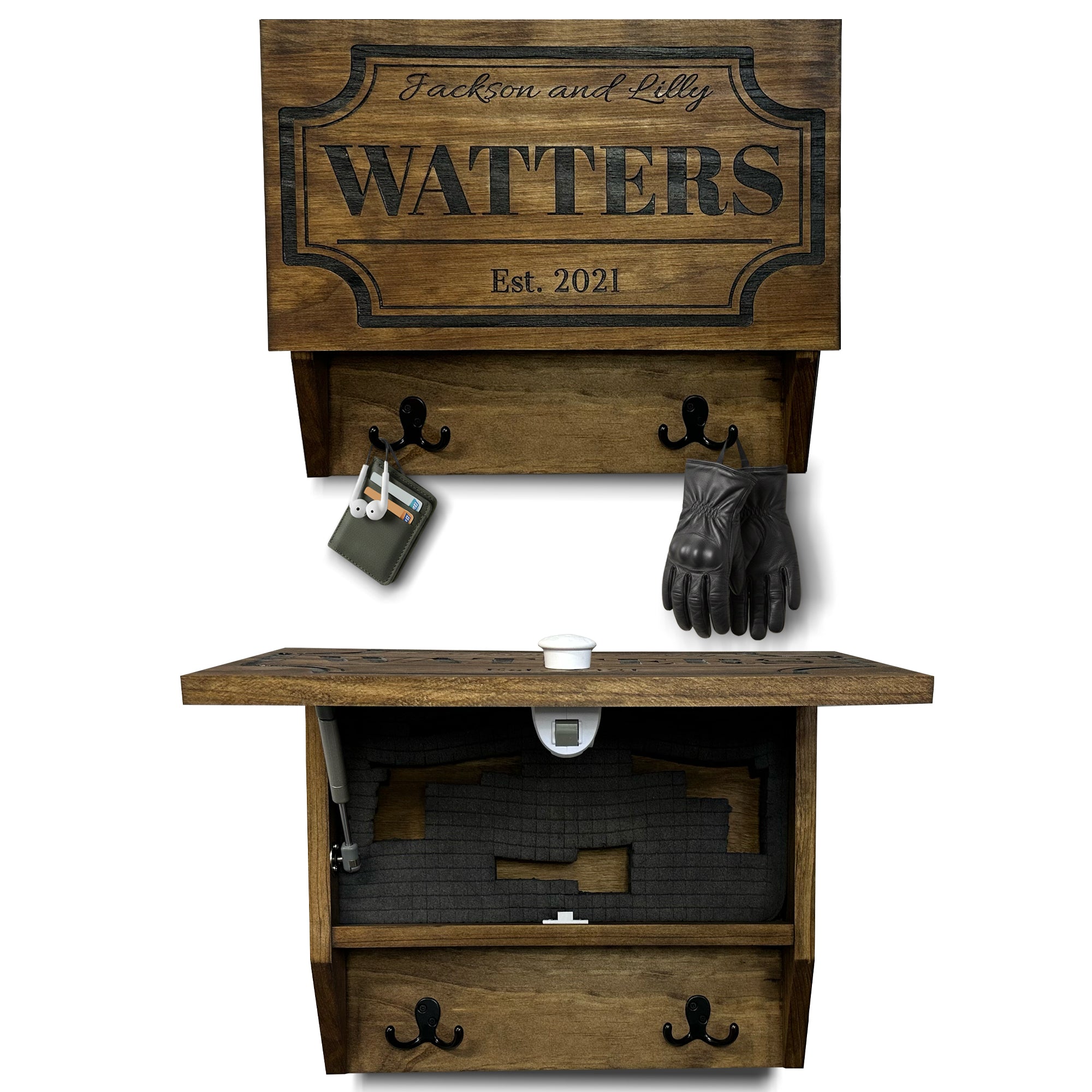 Bellewood Designs personalized hidden gun cabinet shelf with hooks in brown wood, open showing foam-lined interior