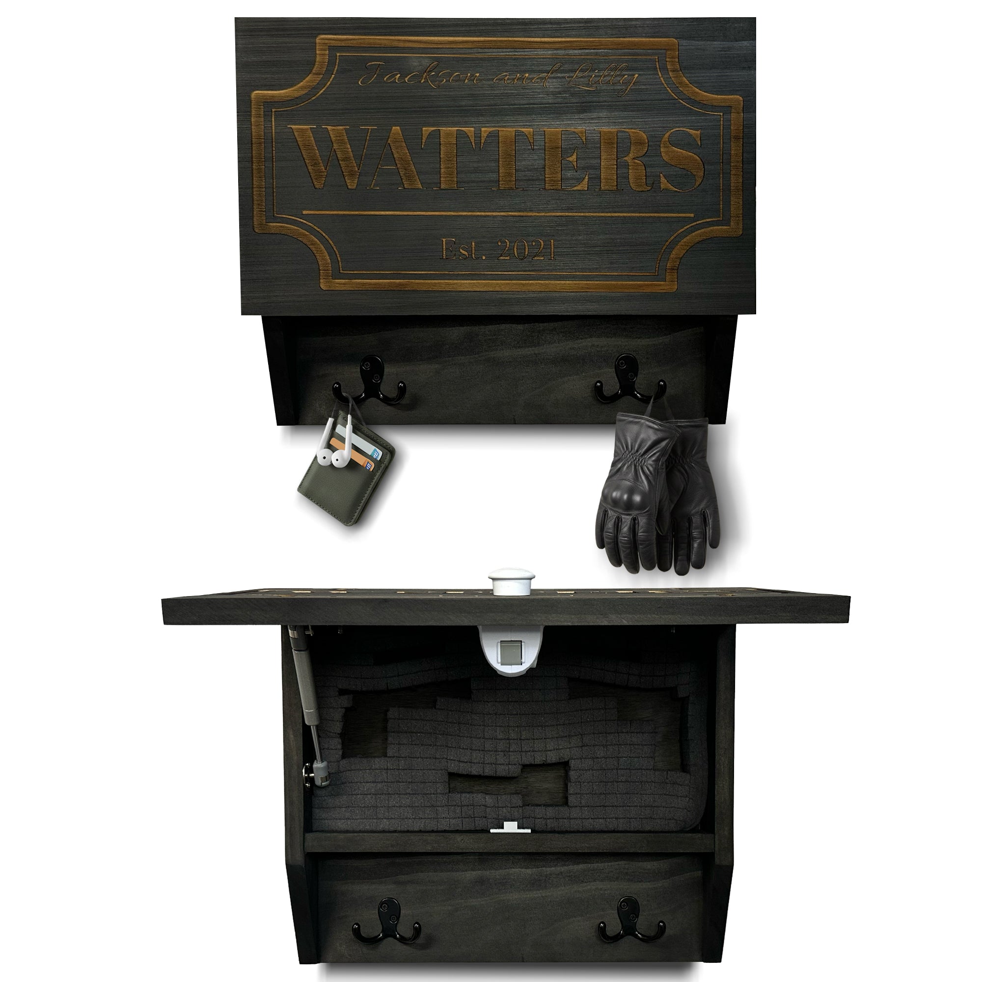 Bellewood Designs personalized hidden gun cabinet shelf with coat hooks in black dark wood, open showing foam interior