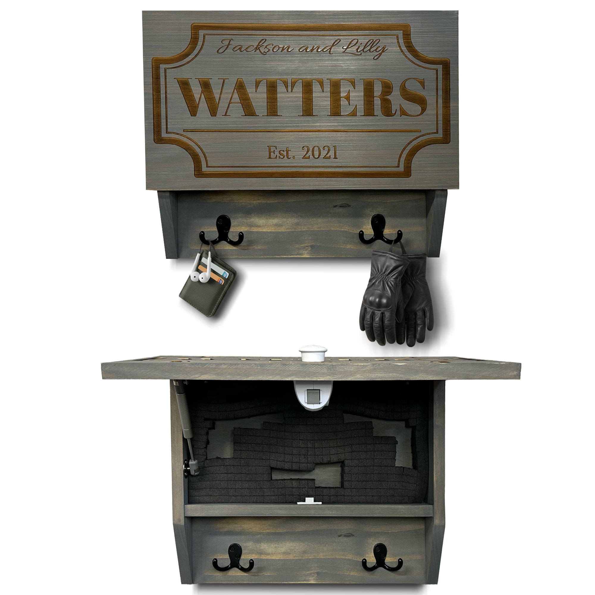 Bellewood Designs personalized hidden gun cabinet shelf with hooks in gray wood, open showing foam-lined interior