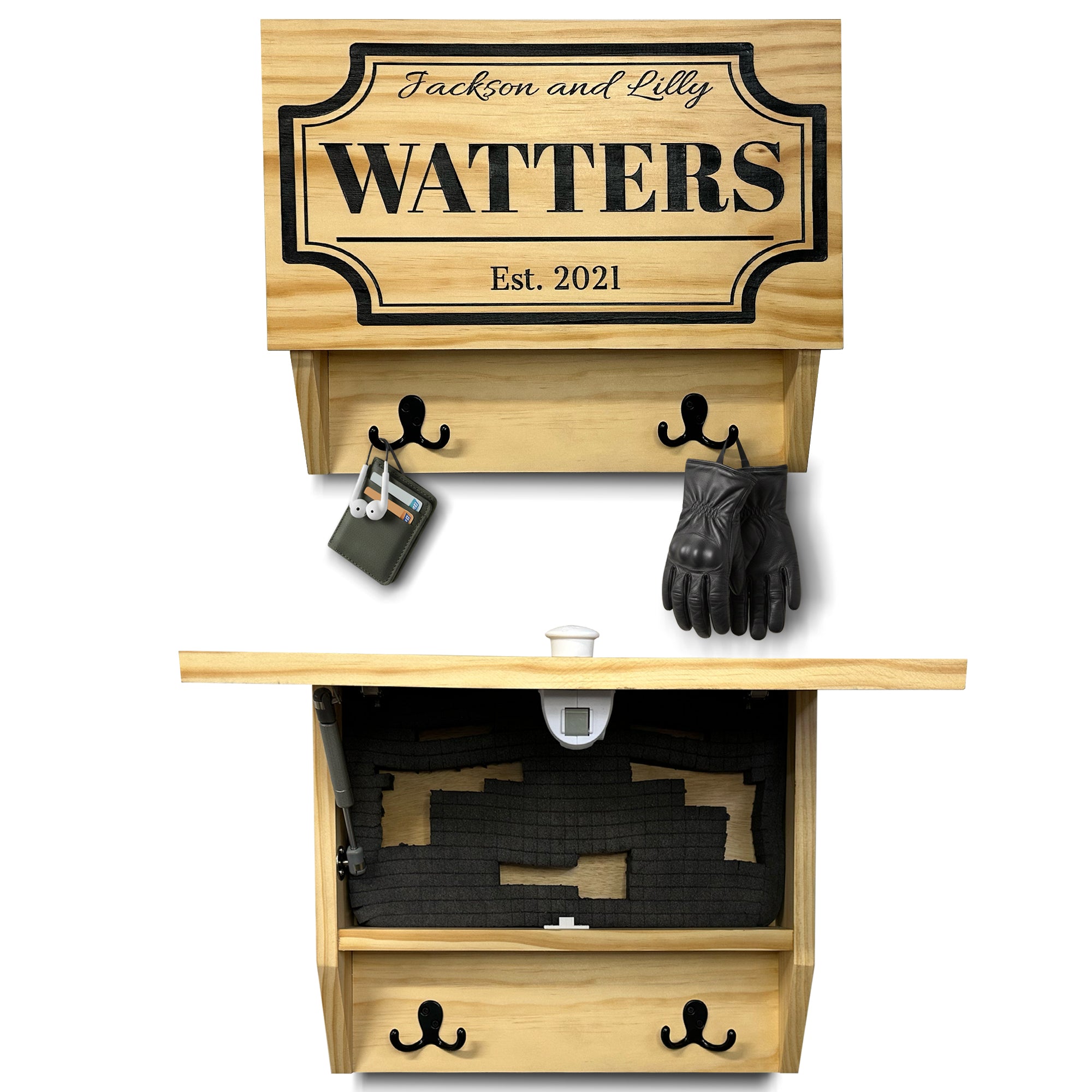 Bellewood Designs personalized hidden gun cabinet shelf with hooks in natural light wood, open showing foam-lined interior
