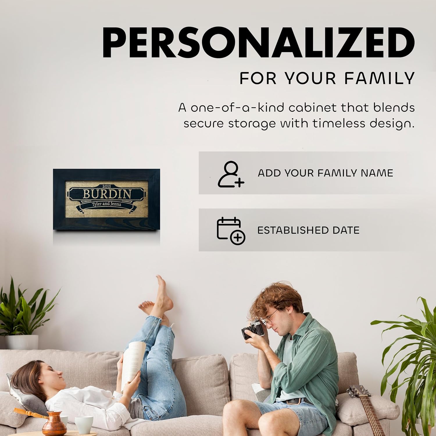 Bellewood Designs personalized hidden gun storage wall decor with custom family name and established date for your home