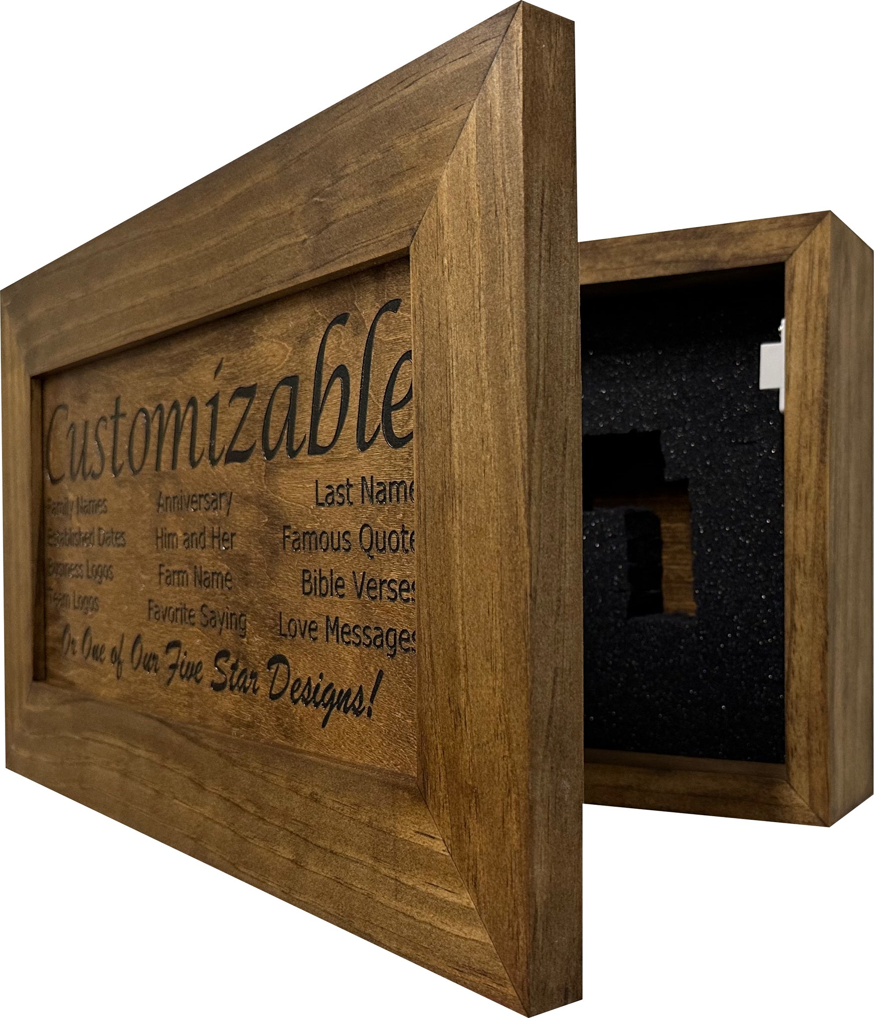 Bellewood Designs provincial customizable hidden gun safe wall decor open side view showing foam-lined interior