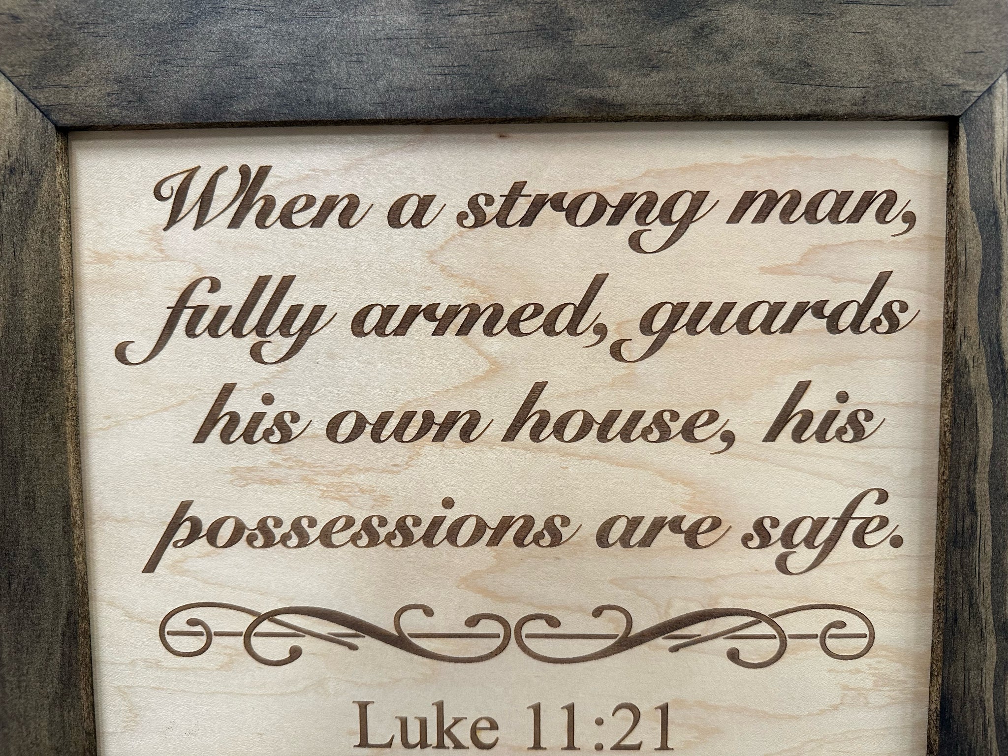 Bellewood Designs Luke 11:21 bible verse hidden gun safe macro engraved text