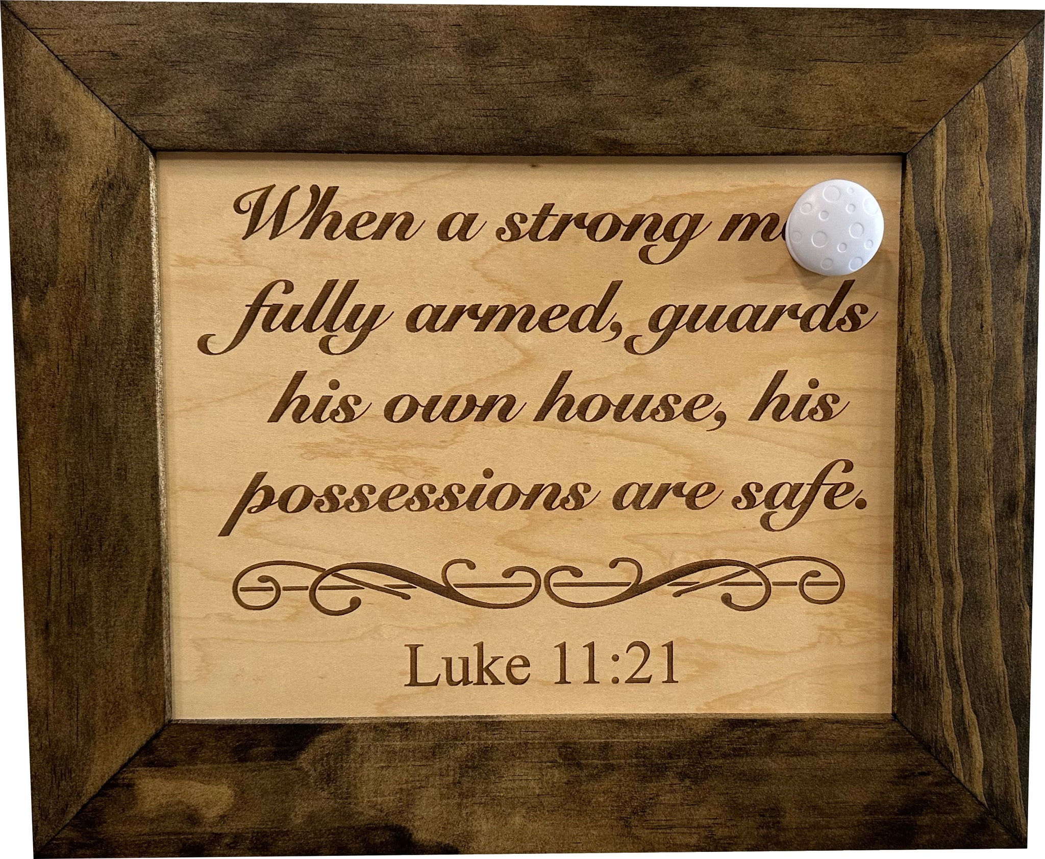 Bellewood Designs Luke 11:21 bible verse hidden gun safe closeup magnetic key