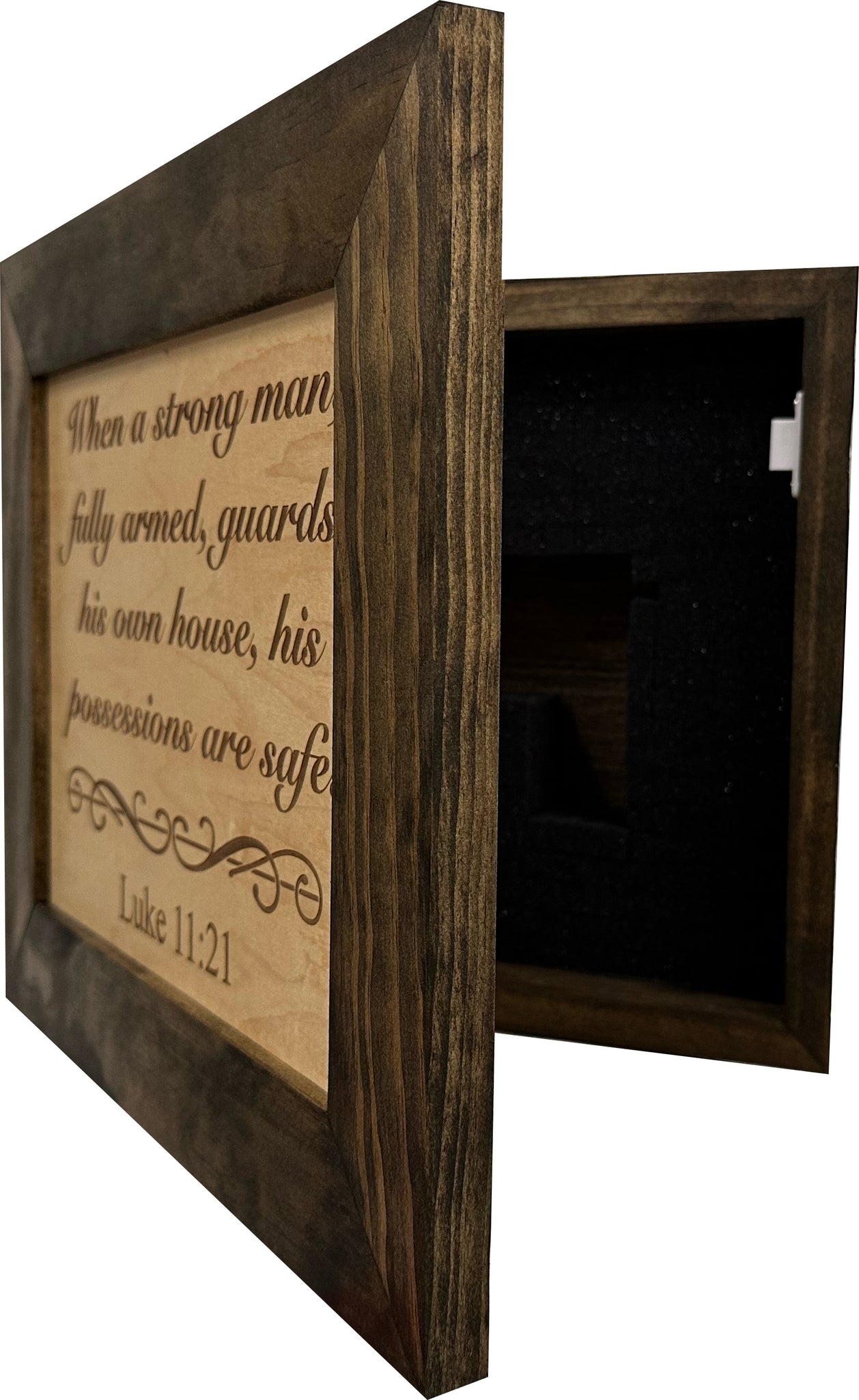 Bellewood Designs Luke 11:21 bible verse hidden gun safe open foam interior