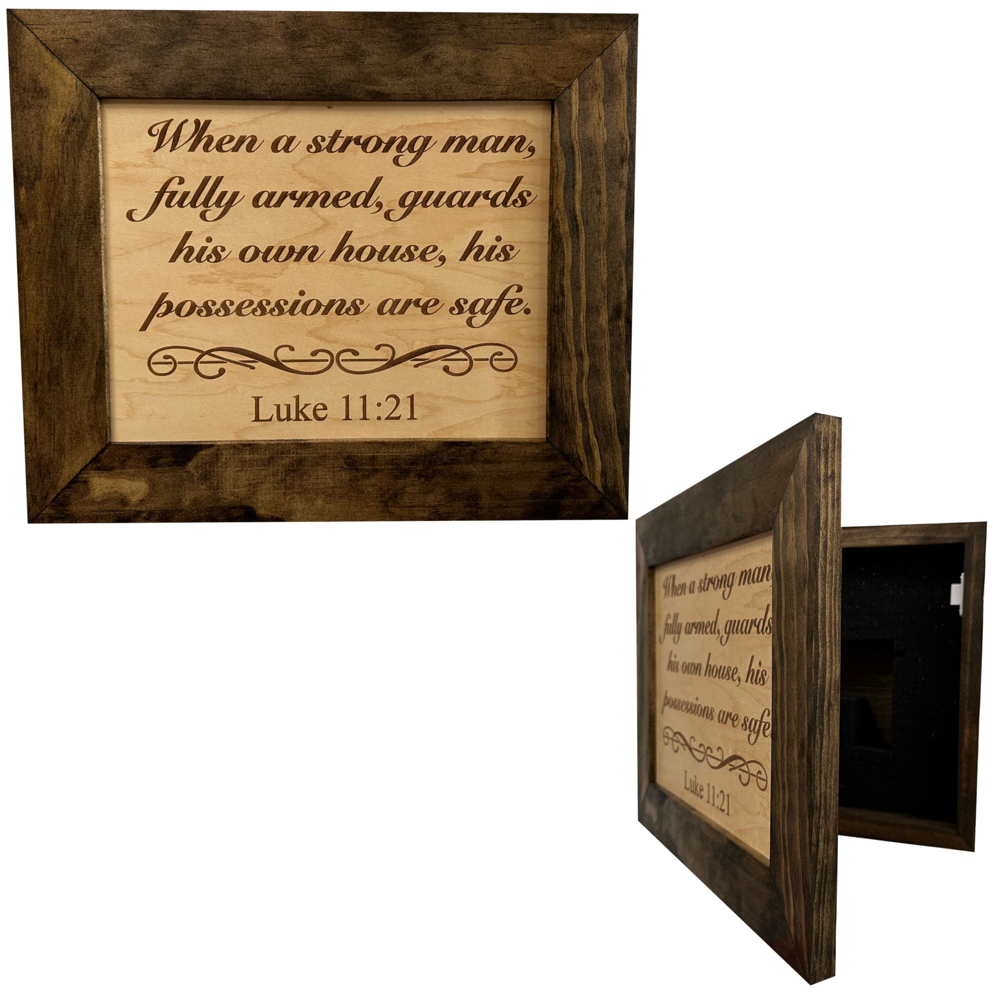 Bellewood Designs Luke 11:21 bible verse hidden gun safe recessed wall front open
