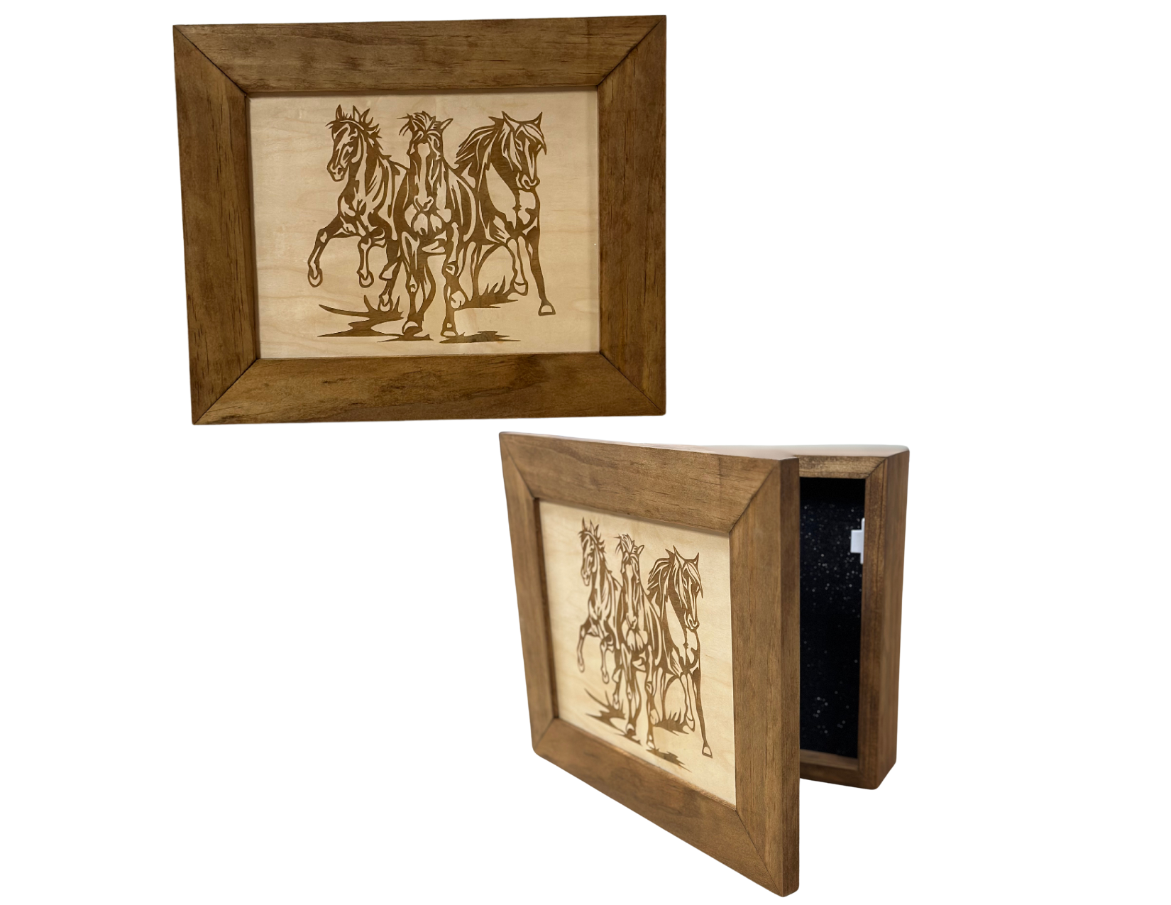 Bellewood Designs Wild Horses recessed wall mounted decorative secure gun cabinet front open