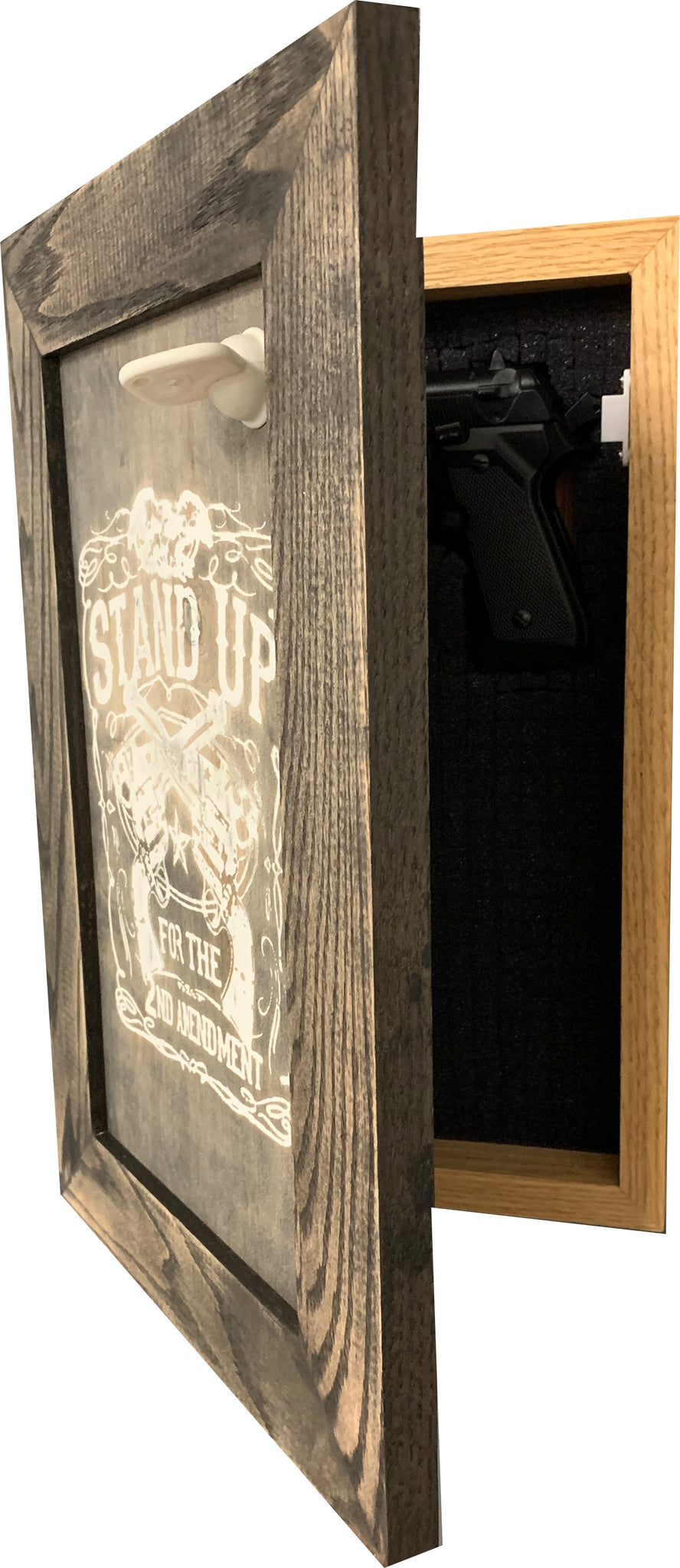 Bellewood Designs concealment wall decor open showing hidden gun compartment
