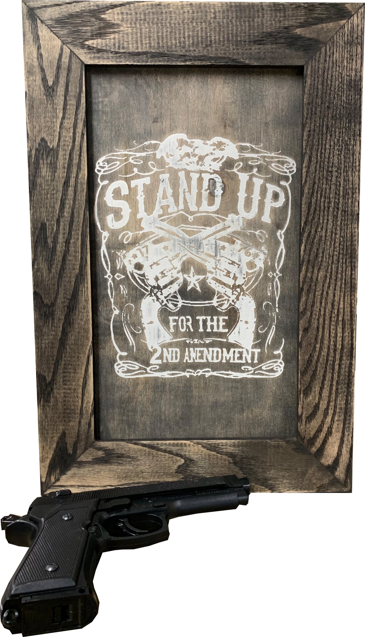 Bellewood Designs 2nd Amendment hidden gun storage wall decor with crossed pistols
