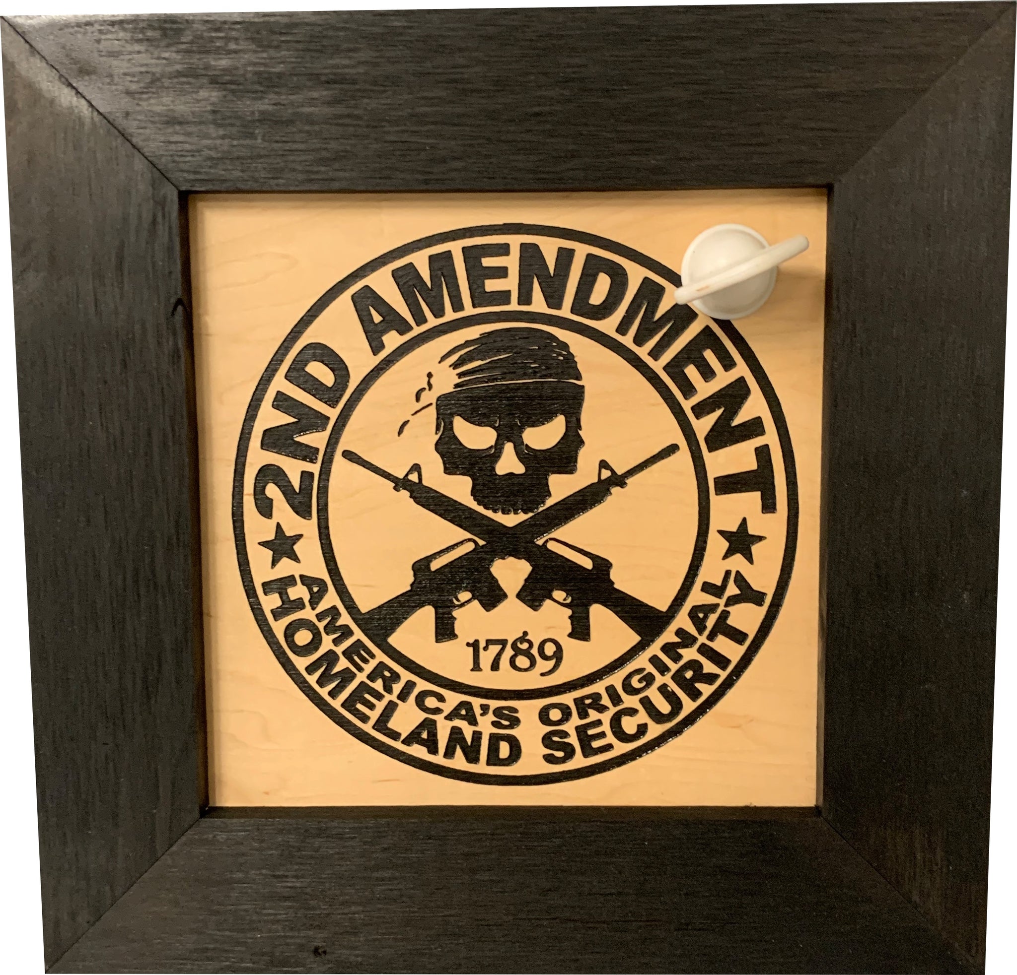 Bellewood Designs 2nd Amendment Skull shelf closeup with magnetic latch
