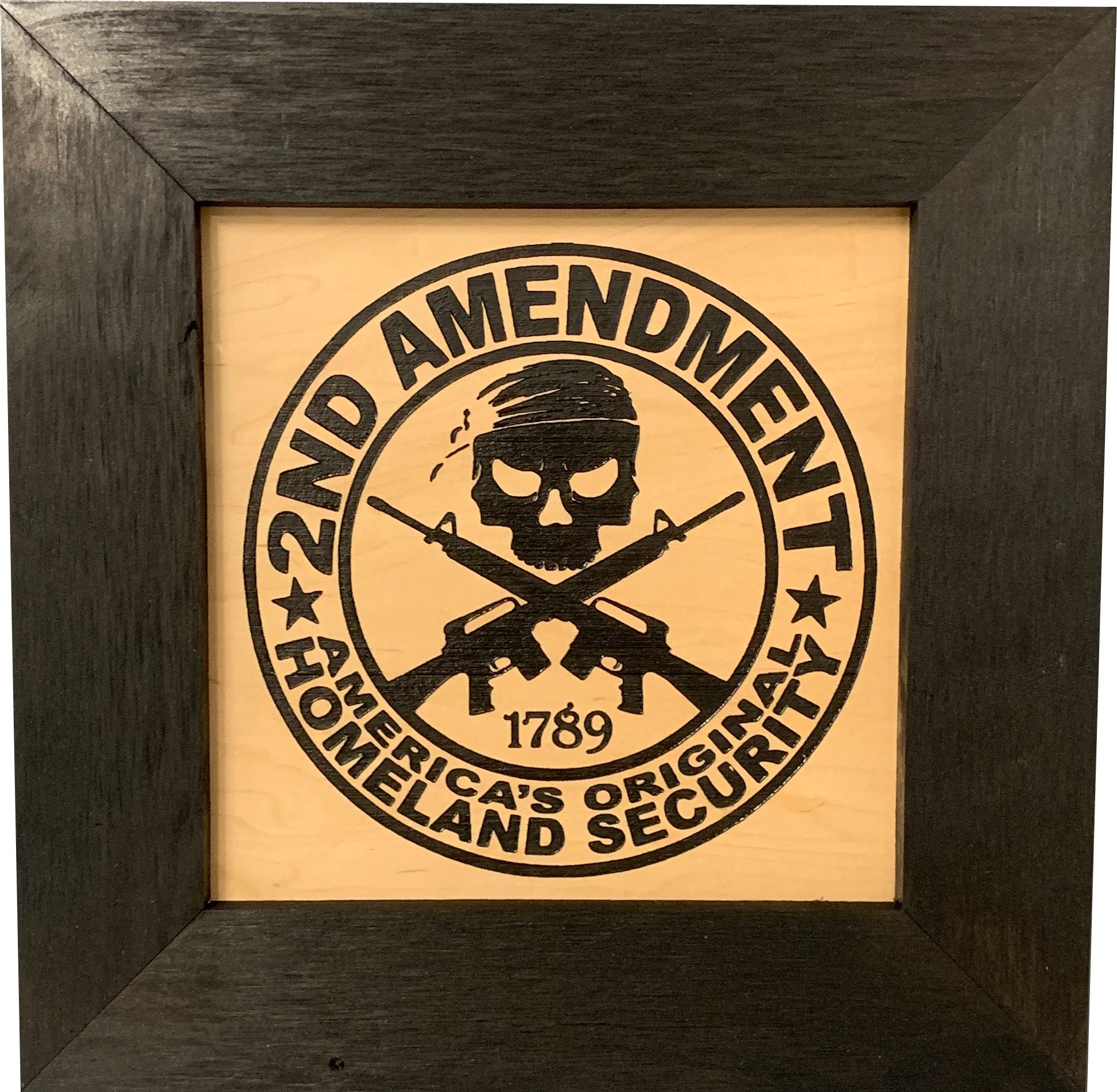 Bellewood Designs 2nd Amendment Skull wood shelf flat front view
