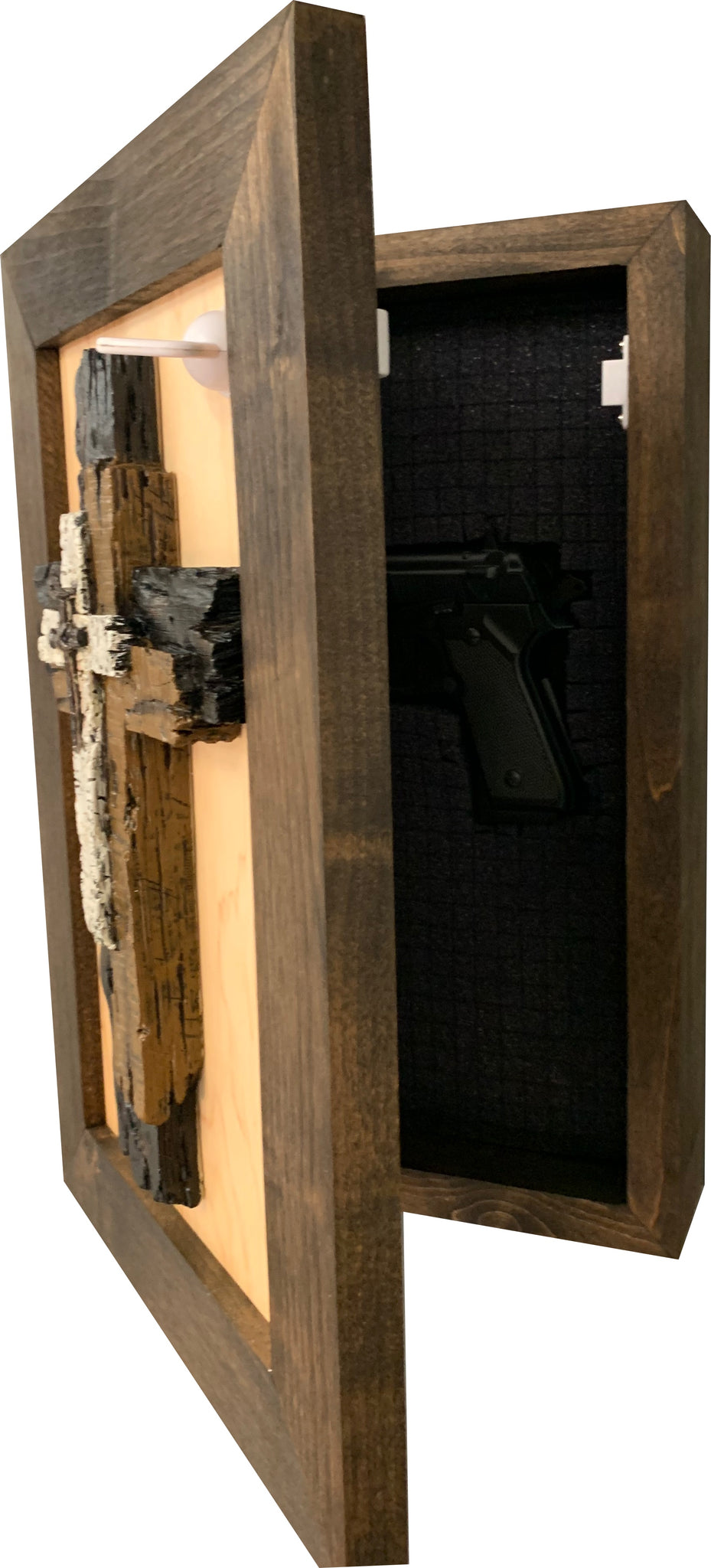 Three Layered Cross Wall-Mounted Secure Hidden Gun Cabinet partial open
