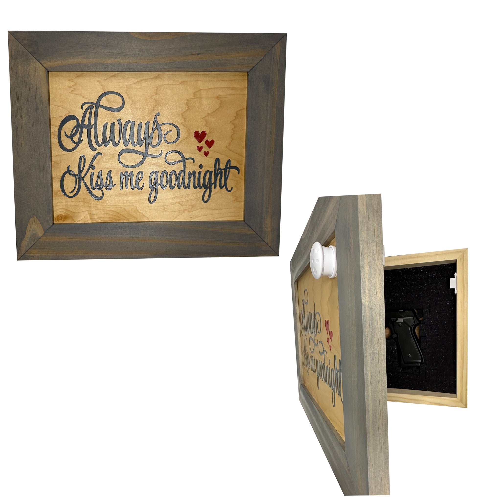 Bellewood Designs Always Kiss Me Goodnight hidden gun decor front view and open magnetic key