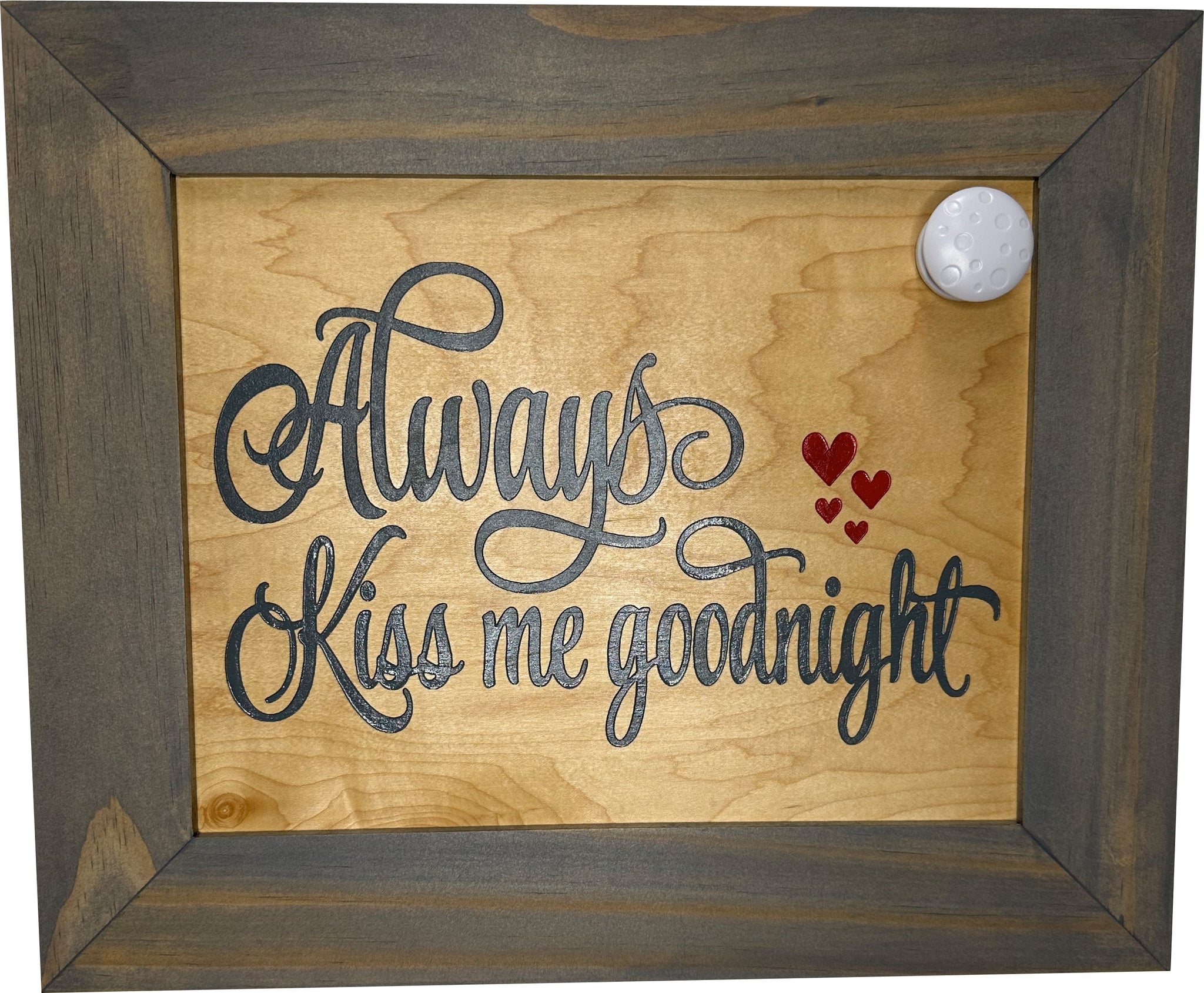 Bellewood Designs Always Kiss Me Goodnight hidden gun decor closeup with visible magnetic key