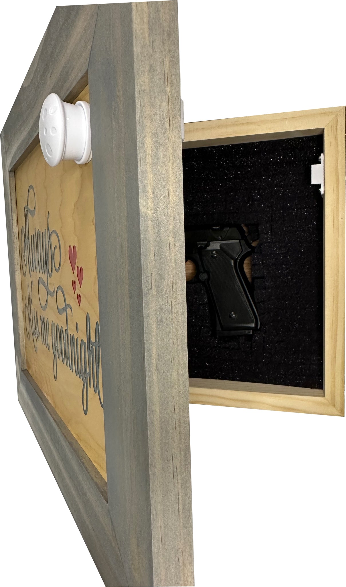Bellewood Designs Always Kiss Me Goodnight hidden gun decor side view open with pistol