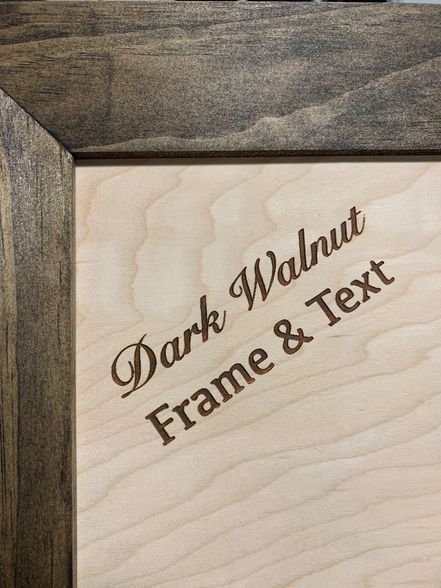 Bellewood Designs dark walnut frame and text color option corner detail swatch