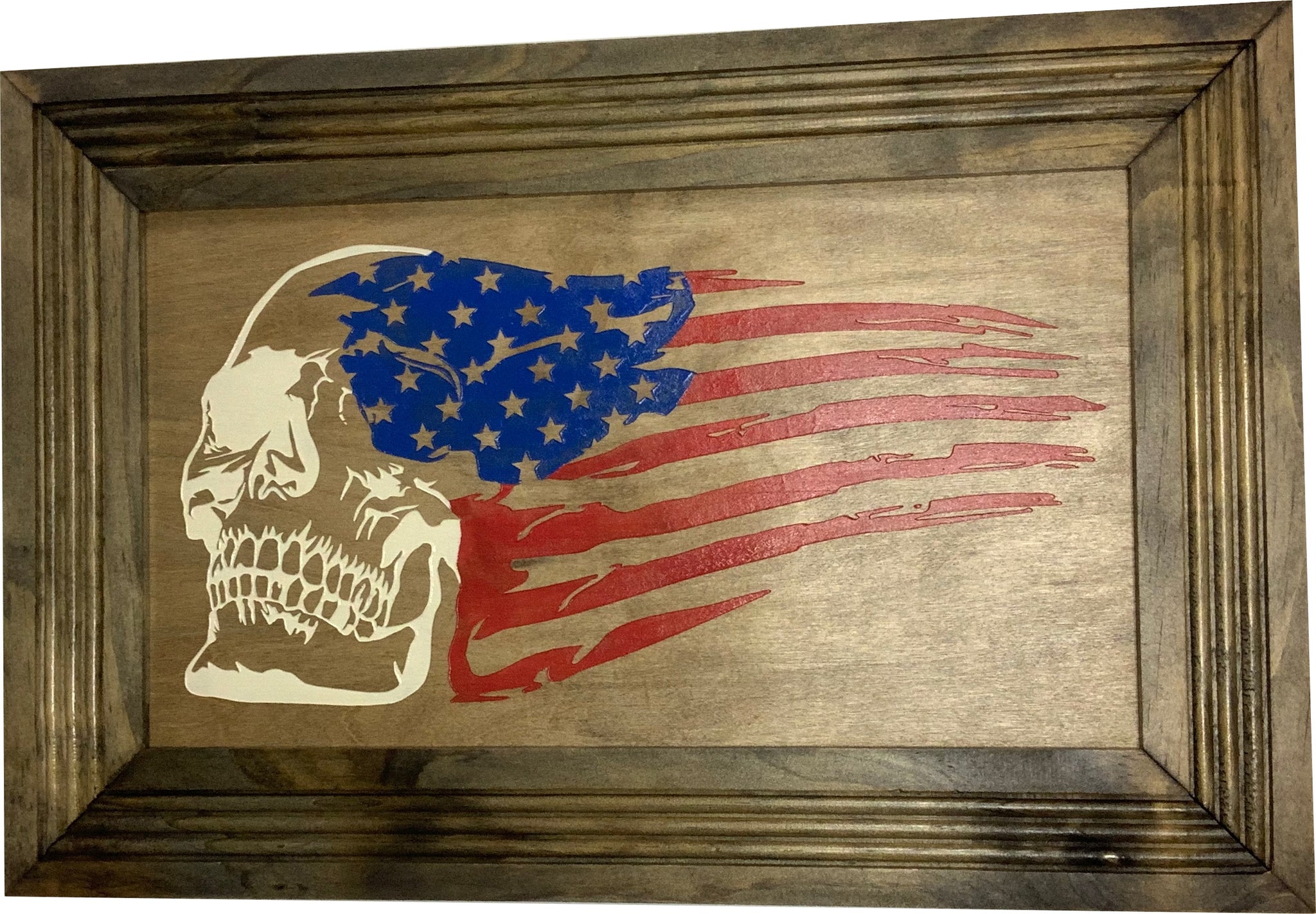 Bellewood Designs American flag skull hidden gun cabinet closeup showing red white and blue wood art detail