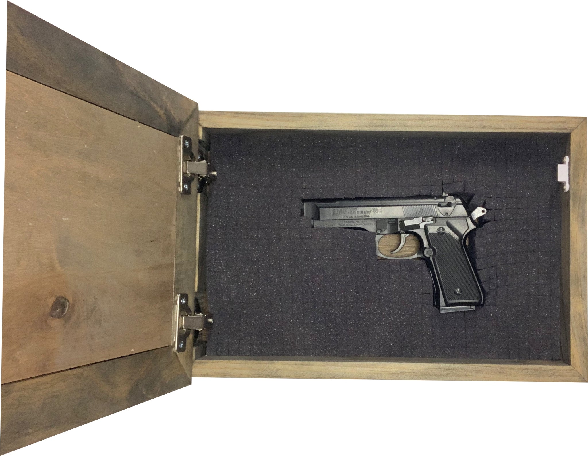 Bellewood Designs American flag skull hidden gun cabinet interior foam lined compartment with stored handgun