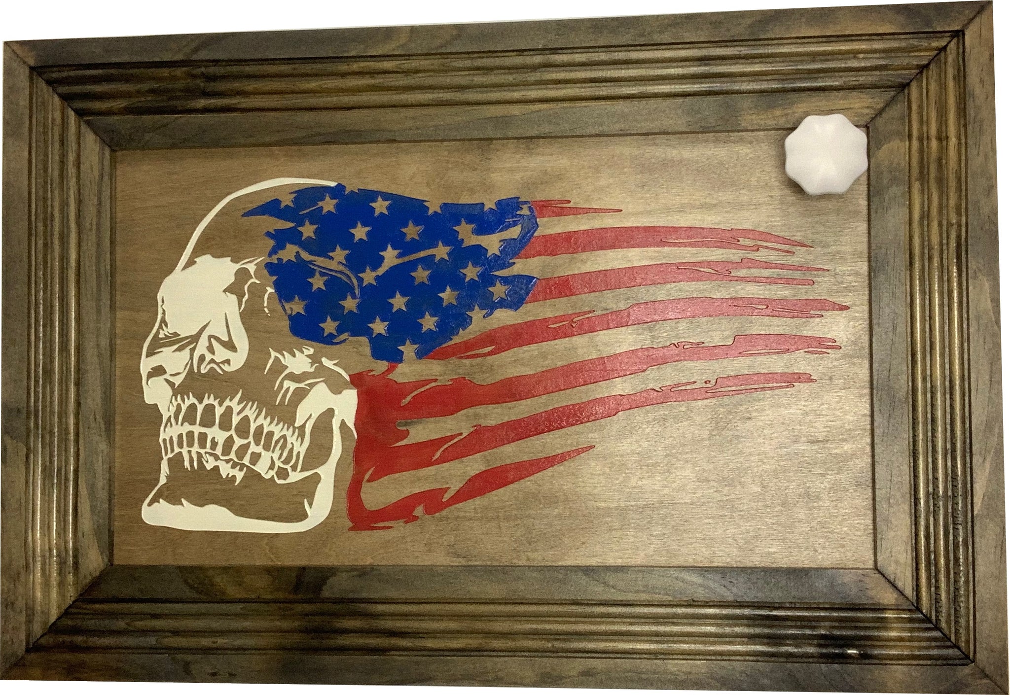 Bellewood Designs American flag skull hidden gun cabinet front view with magnetic key on wood frame