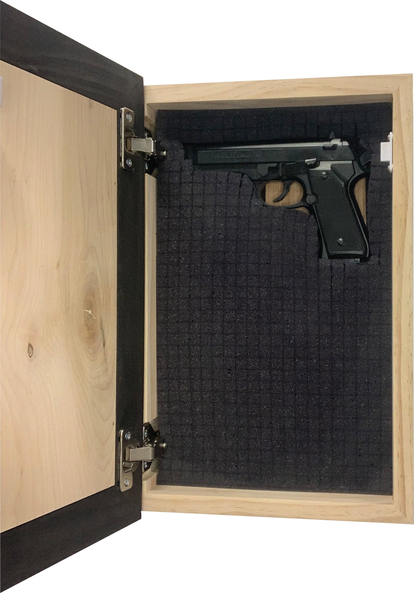 Bellewood Designs gothic skull claw hidden gun cabinet interior foam lined compartment with stored handgun