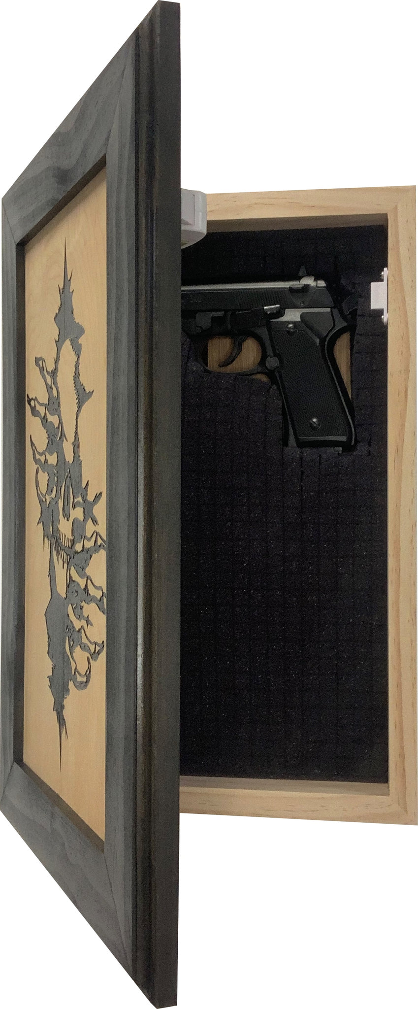 Bellewood Designs gothic skull claw hidden gun cabinet side view open showing stored handgun in foam compartment